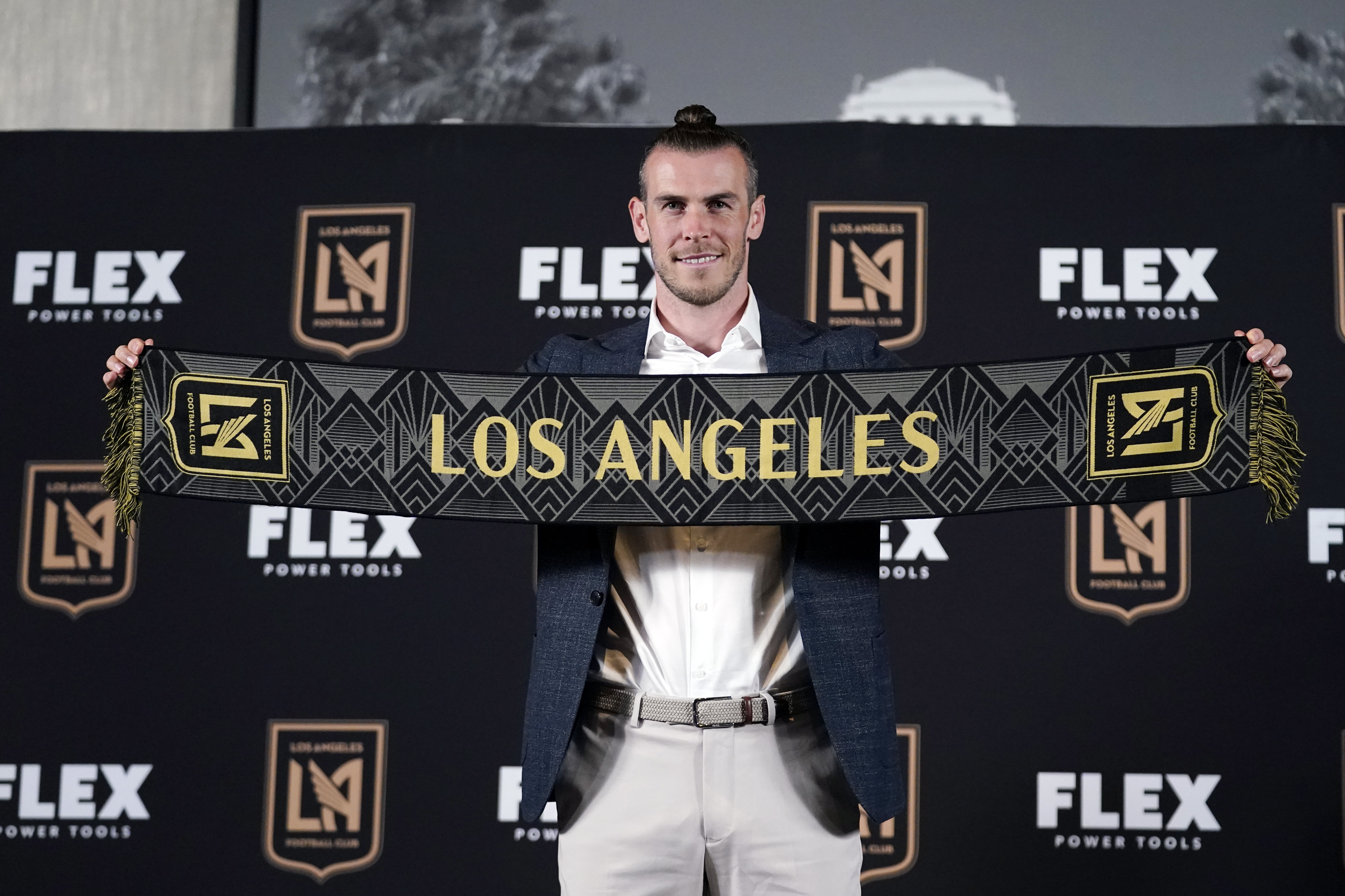 Gareth Bale poses for photos after being introduced as a new member of the Los Angeles FC MLS soccer club Monday, July 11, 2022, in Los Angeles. 
