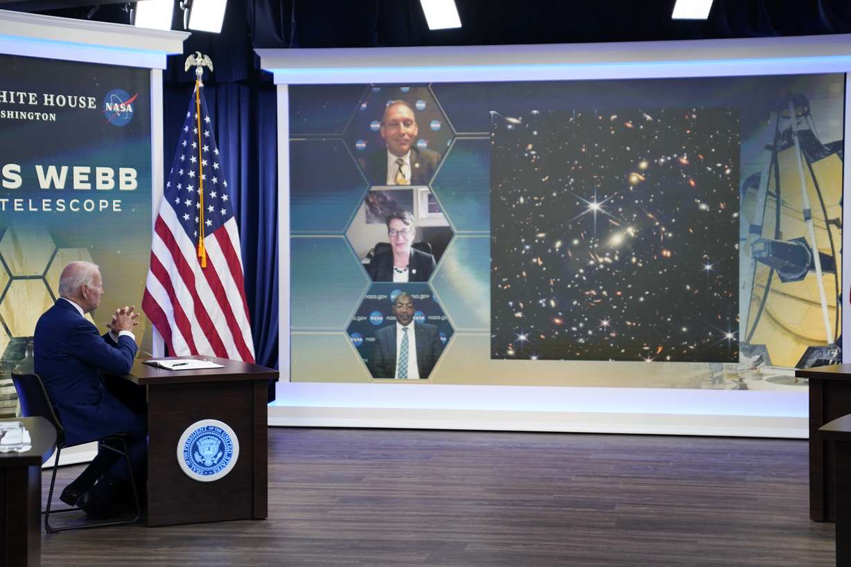 President Joe Biden listens during a briefing from NASA officials about the first images from the Webb Space Telescope, the highest-resolution images of the infrared universe ever captured, in the South Court Auditorium on the White House complex, Monday, in Washington.