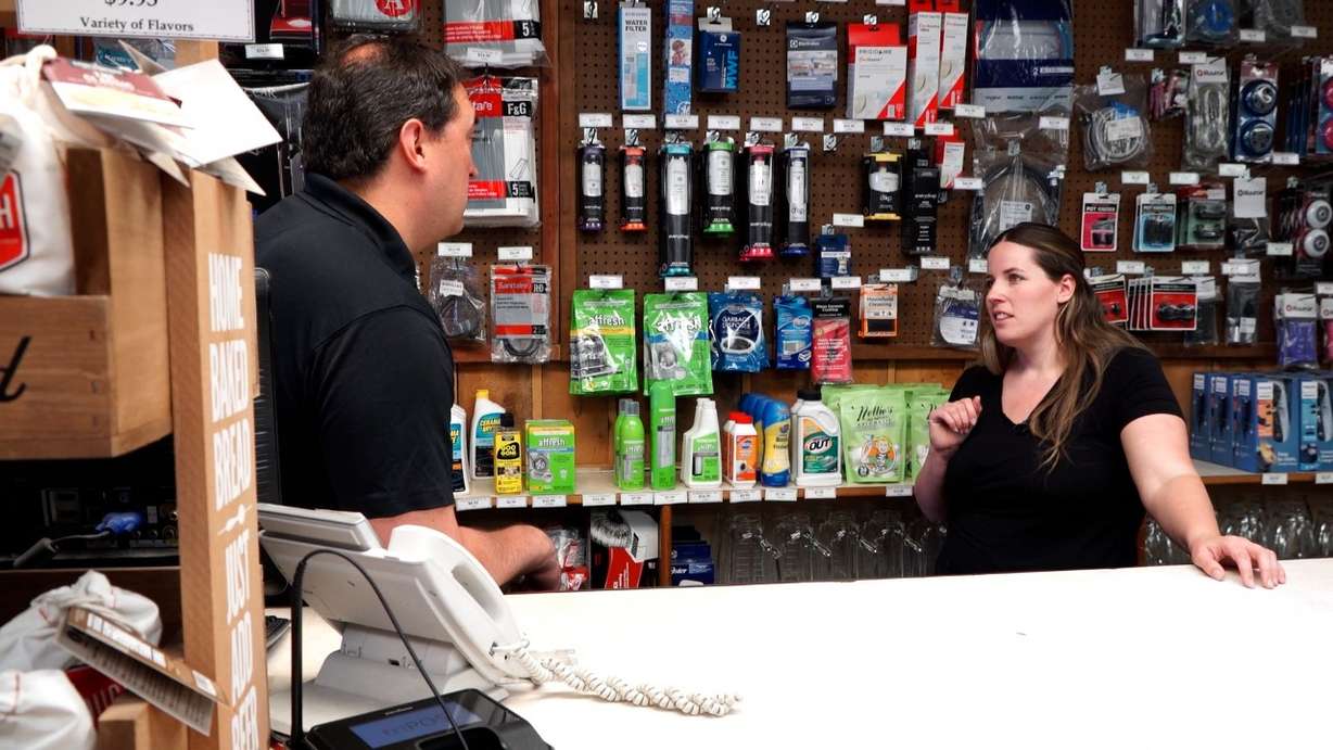Operations manager Colleen Jerman of The Mending Shed explains to KSL’s Matt Gephardt how slamming a microwave oven door can lead to a self-start.