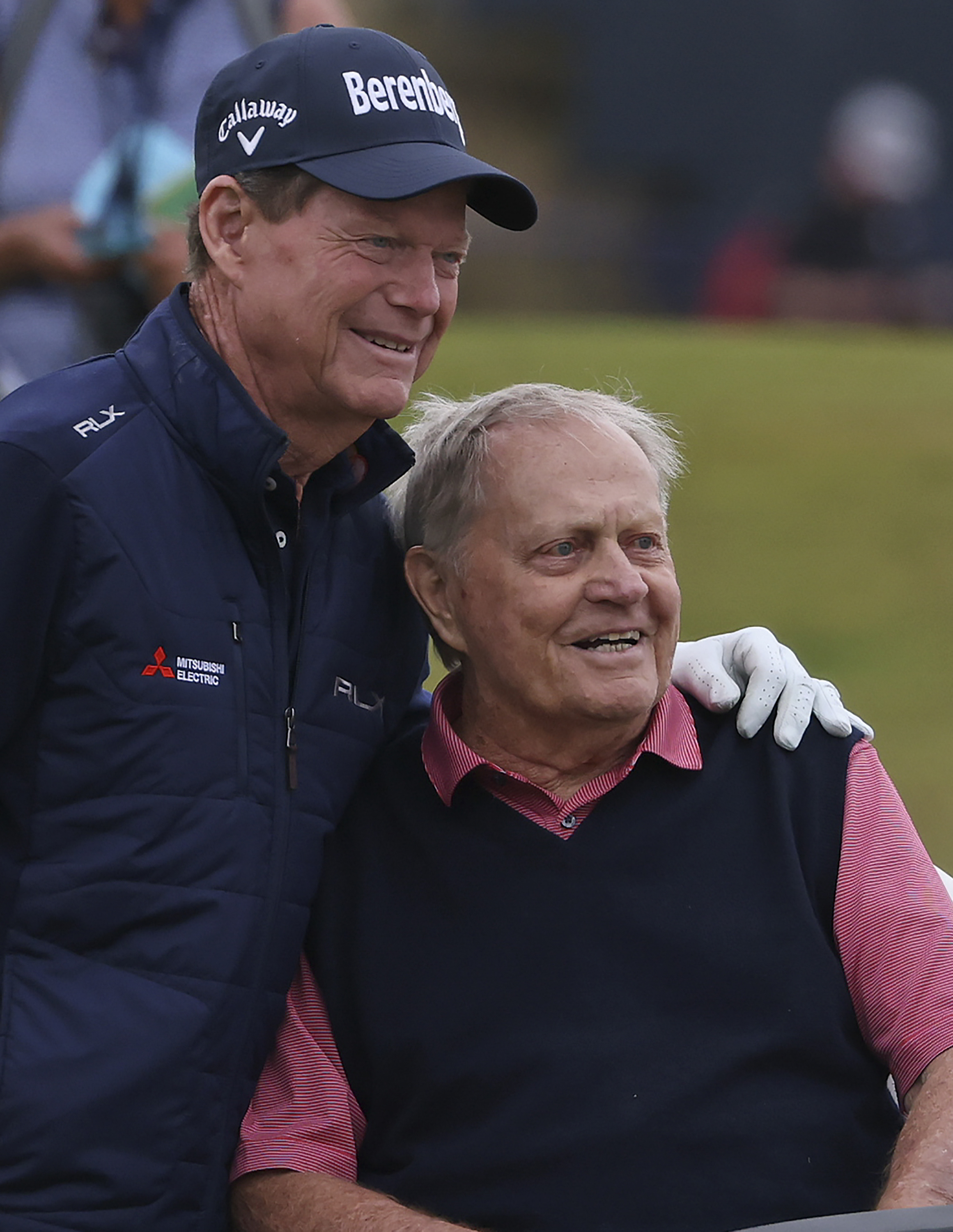 Golf legends Jack Nicklaus, right, and Tom Watson of United States pose for a photo during a 'Champions round' as preparations continue for the British Open golf championship on the Old Course at St. Andrews, Scotland, Monday July 11, 2022. The Open Championship returns to the home of golf on July 14-17, 2022, to celebrate the 150th edition of the sport's oldest championship, which dates to 1860 and was first played at St. Andrews in 1873. 