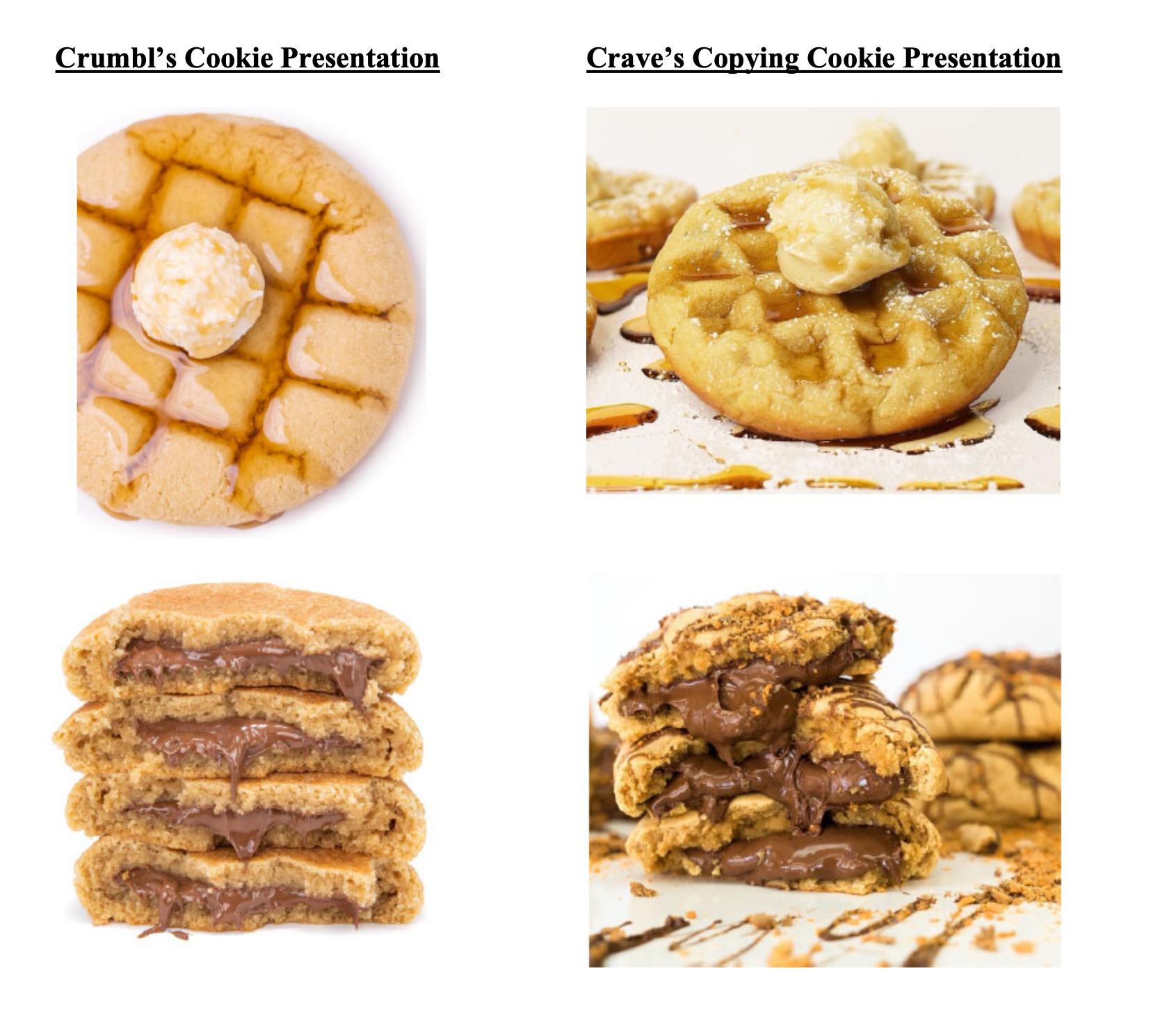 This screenshot from Crumbl's lawsuit against competitor Crave shows cookie presentations that Crumbl believes Crave has copied from them.