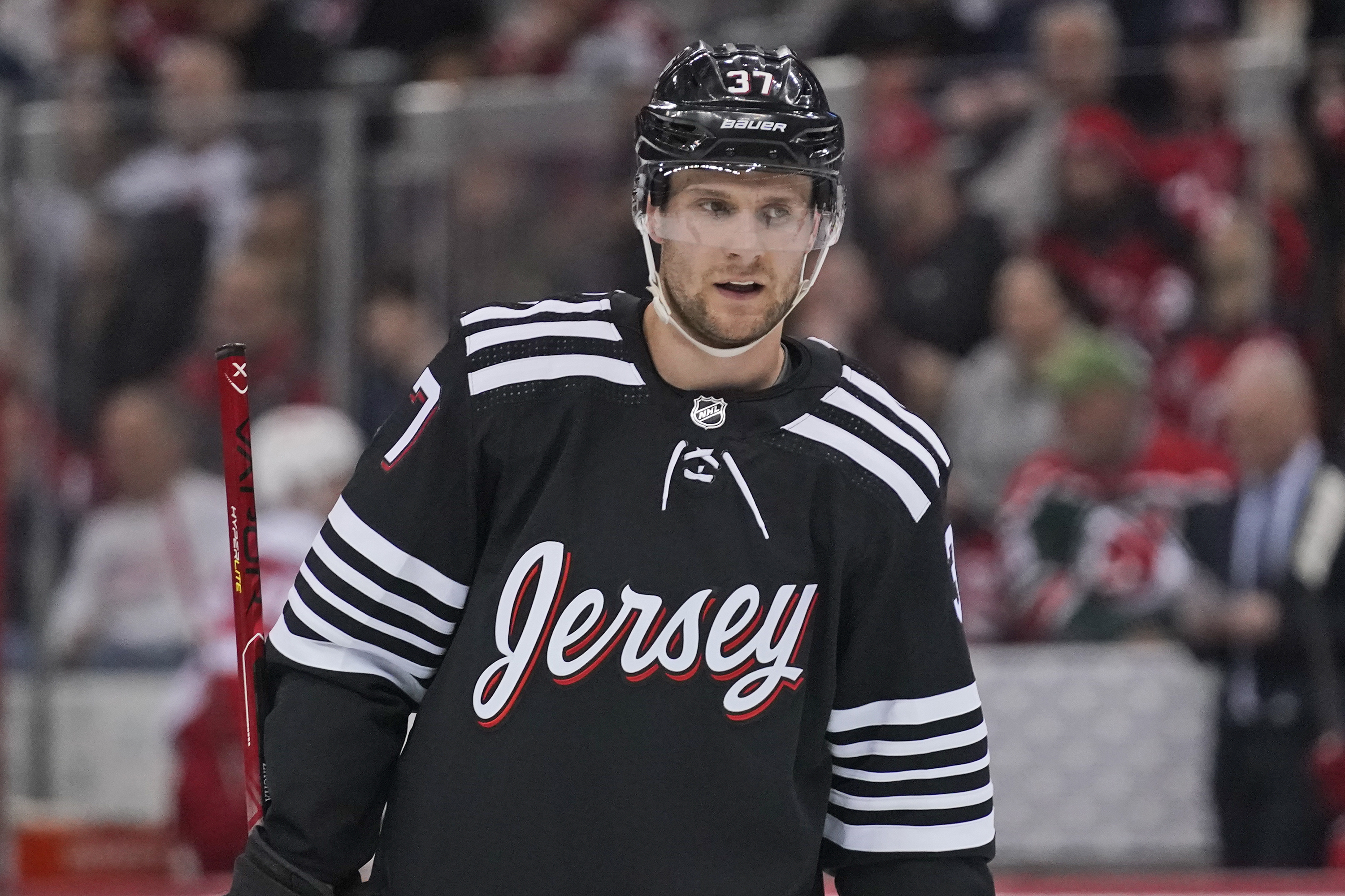 FILE - New Jersey Devils' Pavel Zacha is shown during the third period of an NHL hockey game against the Detroit Red Wings in Newark, N.J., Friday, April 29, 2022. The New Jersey Devils swapped forwards with the Boston Bruins, trading winger Pavel Zacha for center Erik Haula in a trade completed less than an hour before the NHL’s free agency period opened on Wednesday, July 13, 2022.