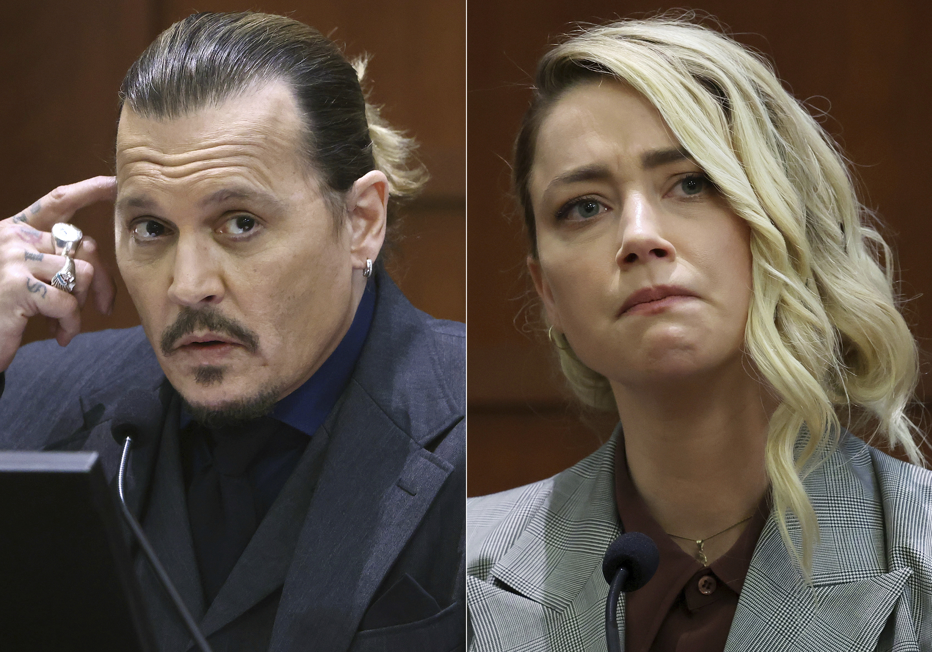 This combination of photos shows actor Johnny Depp testifying at the Fairfax County Circuit Court in Fairfax, Va., on April 21, left, and actor Amber Heard testifying in the same courtroom on May 26.