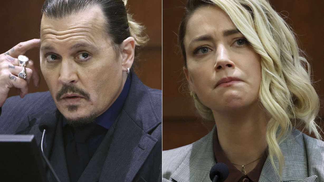 This combination of photos shows actor Johnny Depp testifying at the Fairfax County Circuit Court in Fairfax, Va., on April 21, left, and actor Amber Heard testifying in the same courtroom on May 26.