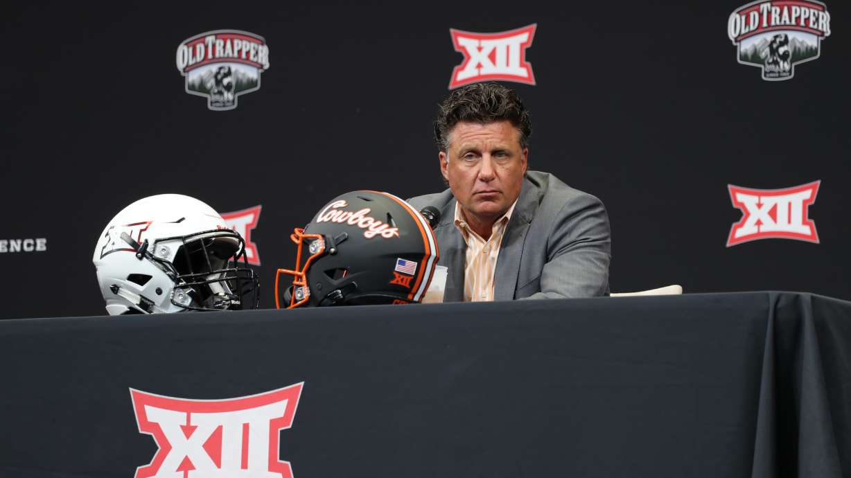 Oklahoma State head coach Mike Gundy fields questions from the media during the 2022 Big 12 Football Media Days, Wednesday, July 13, 2022 at AT&T Stadium in Arlington, Texas.
