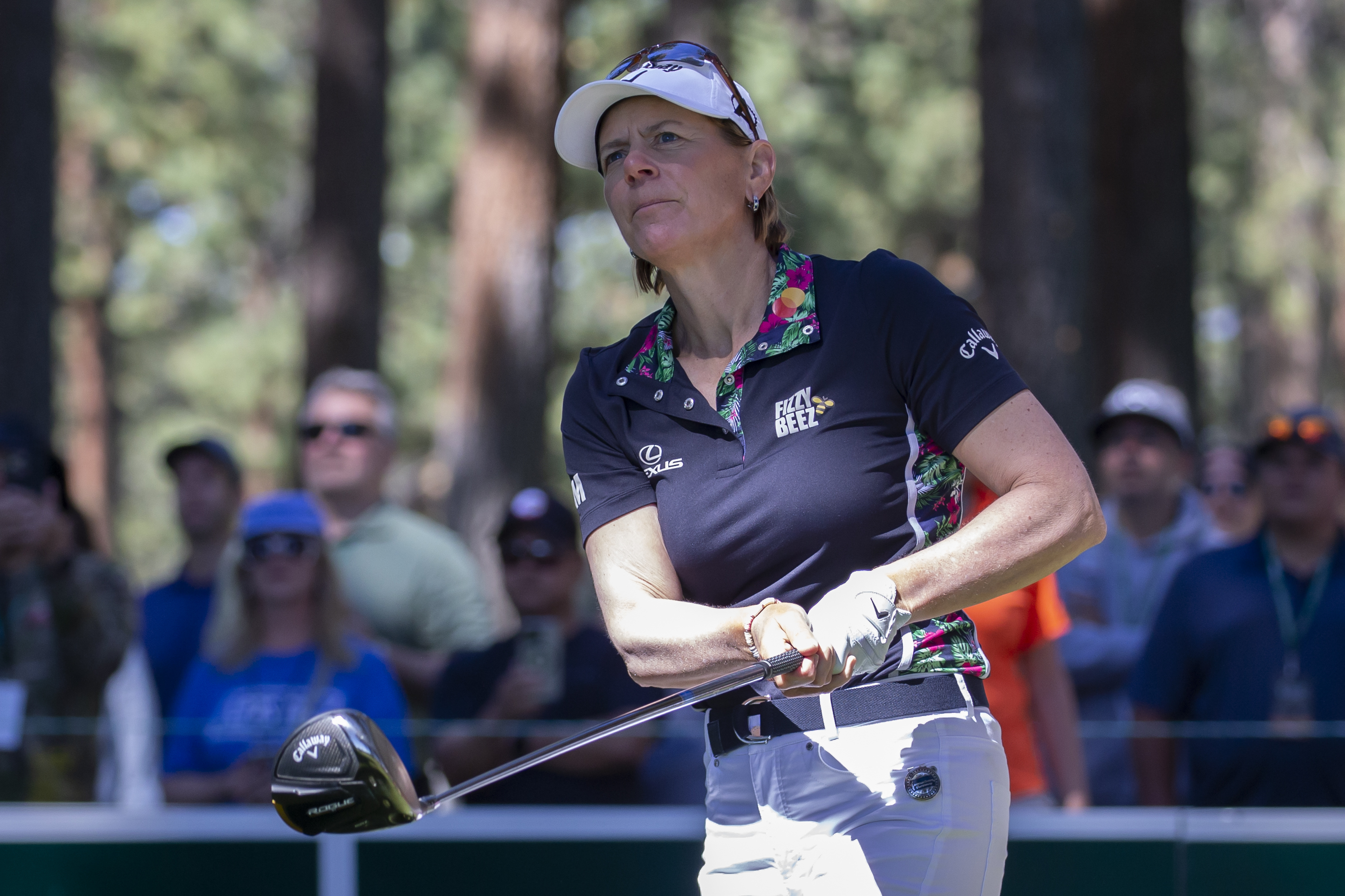 Annika Sorenstam watches a tee shot on the second hole during the first round of the American Century Celebrity Championship golf tournament at Edgewood Tahoe Golf Course in Stateline, Nev., Friday, July 8, 2022. 