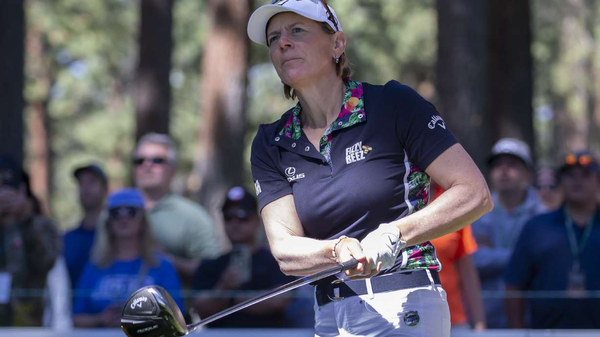 Annika Sorenstam watches a tee shot on the second hole during the first round of the American Century Celebrity Championship golf tournament at Edgewood Tahoe Golf Course in Stateline, Nev., Friday, July 8, 2022.