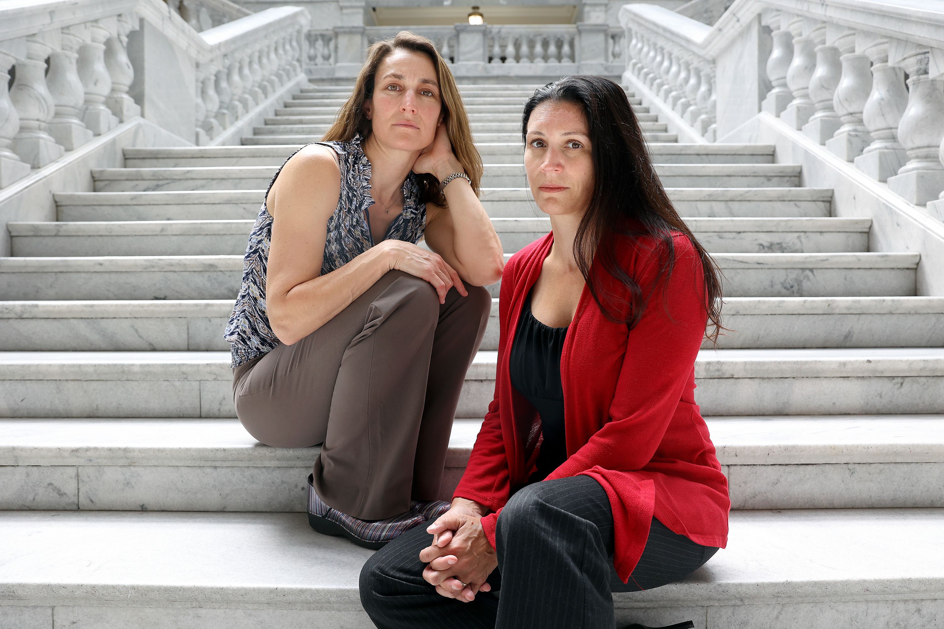 Dr. Alexandra Eller, left, and Dr. Cara Heuser, both maternal fetal medicine physicians, pose for a portrait at the Capitol in Salt Lake City on July 7. Utah’s new abortion trigger laws may put physicians at risk for criminal charges even when attempting to perform legal abortions.