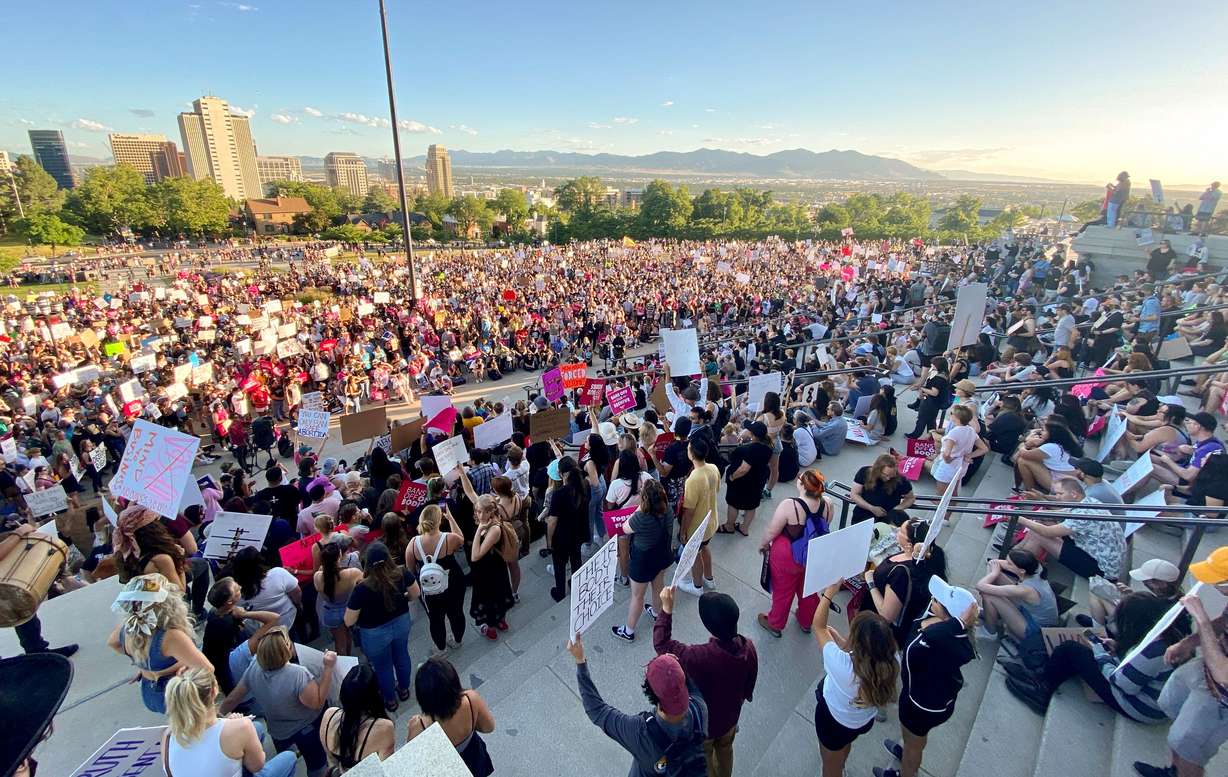 Thousands rally in protest of the Supreme Court’s decision to overturn Roe v. Wade in Salt Lake City on June 24. Drs. Cara Heuser and Alexandra Eller say the way Utah's abortion trigger ban law is written leaves them in an impossible situation.