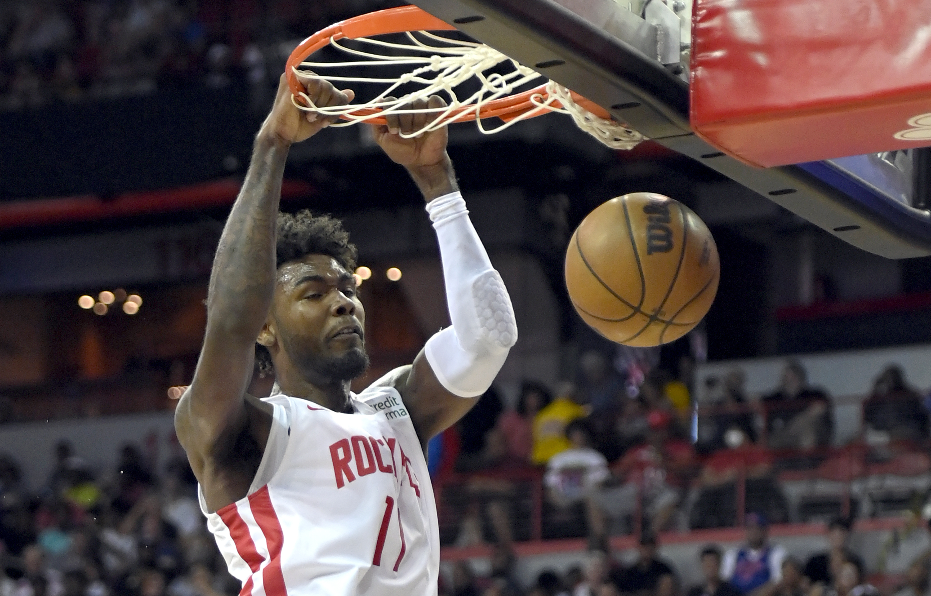 Houston Rockets' Tari Eason dunks against the Oklahoma City Thunder during the first half of an NBA summer league basketball game Saturday, July 9, 2022, in Las Vegas. 