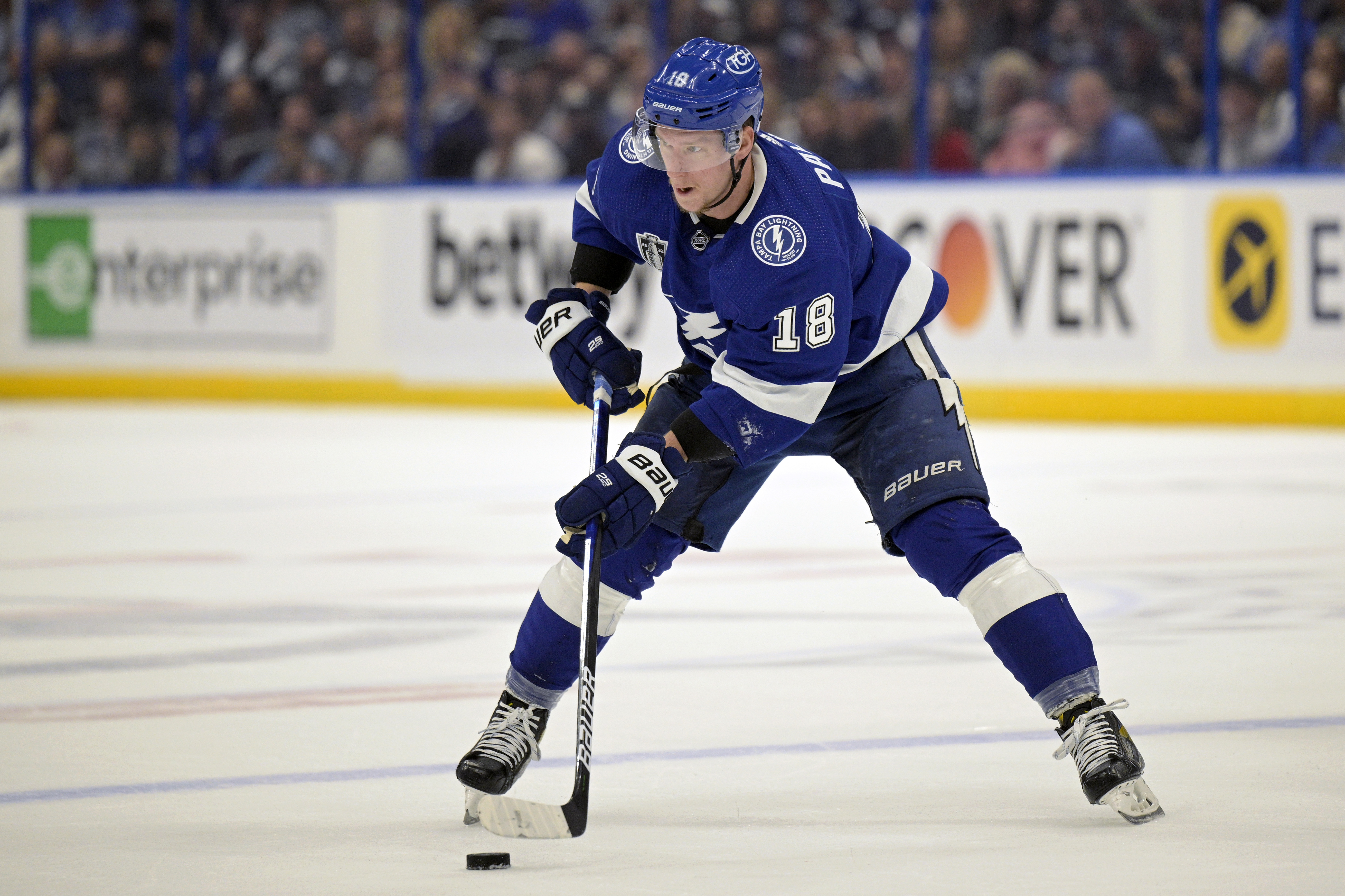 FILE - Tampa Bay Lightning left wing Ondrej Palat (18) controls a puck during the first period of Game 4 of the NHL hockey Stanley Cup Finals against the Colorado Avalanche on June 22, 2022, in Tampa, Fla. person with knowledge of the situation tells The Associated Press on Thursday, July 14, 2022, that the New Jersey Devils agreed to terms with Palat on a $30 million, five-year contract.