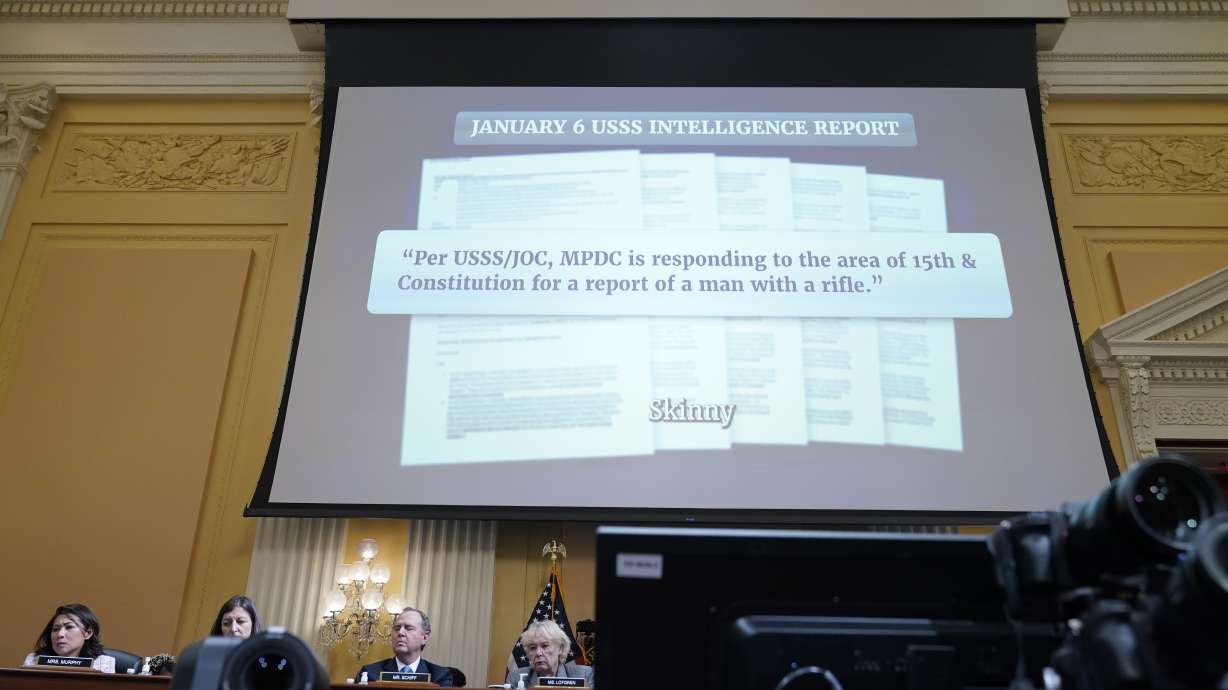 A exhibit showing an U.S. Secret Service intelligence report is displayed, as the House select committee investigating the Jan. 6 attack on the U.S. Capitol holds a surprise hearing to present evidence it says it recently obtained in the sweeping investigation into the insurrection, at the Capitol in Washington, June 28.