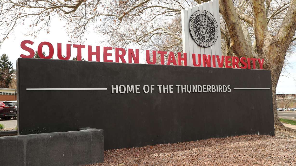 Southern Utah University sign is pictured in Cedar City on Wednesday April 7, 2021.