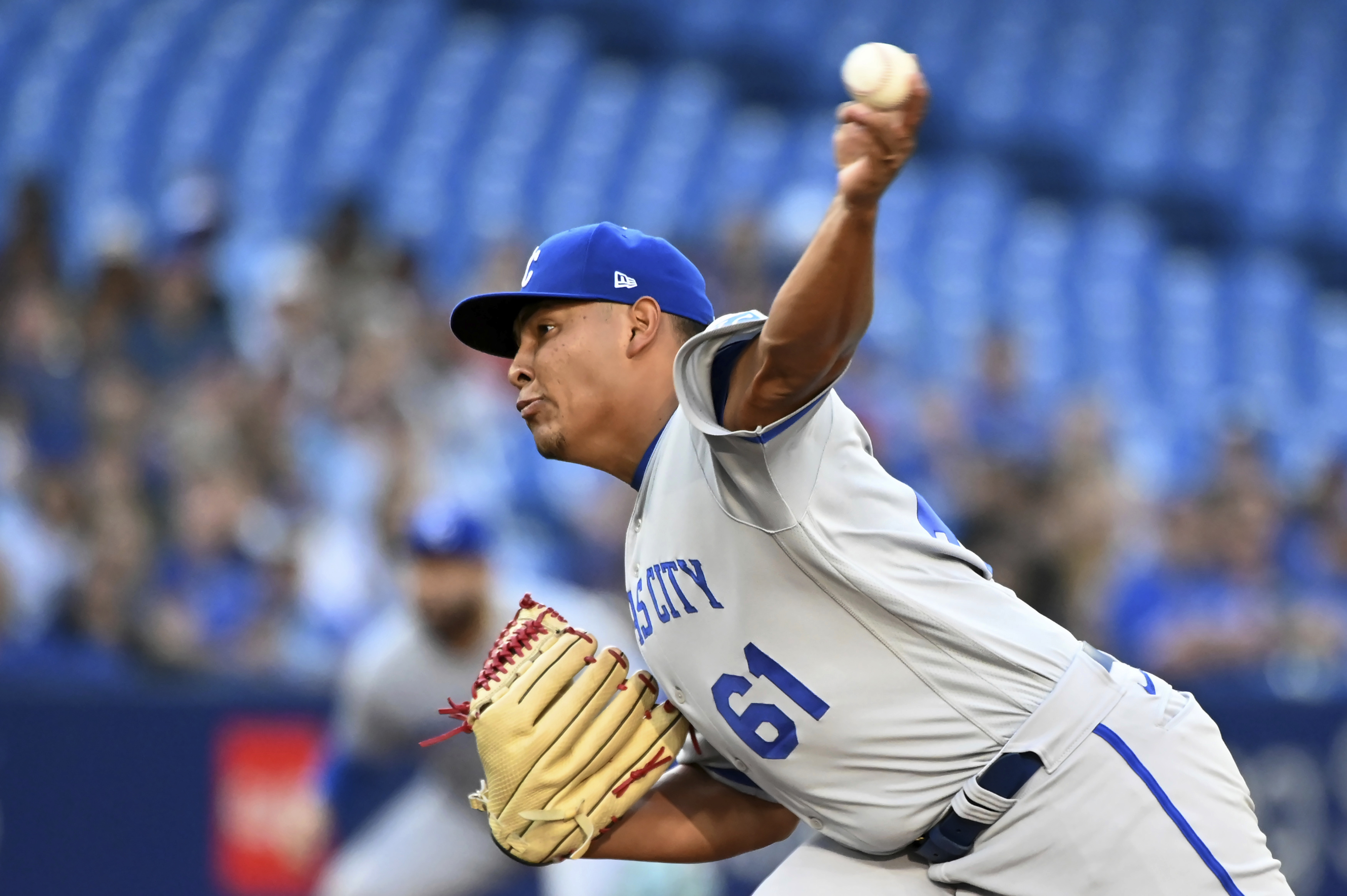 Kansas City Royals starting pitcher Angel Zerpa throws to a Toronto Blue Jays batter during the first inning of a baseball game Thursday, July 14, 2022, in Toronto. 