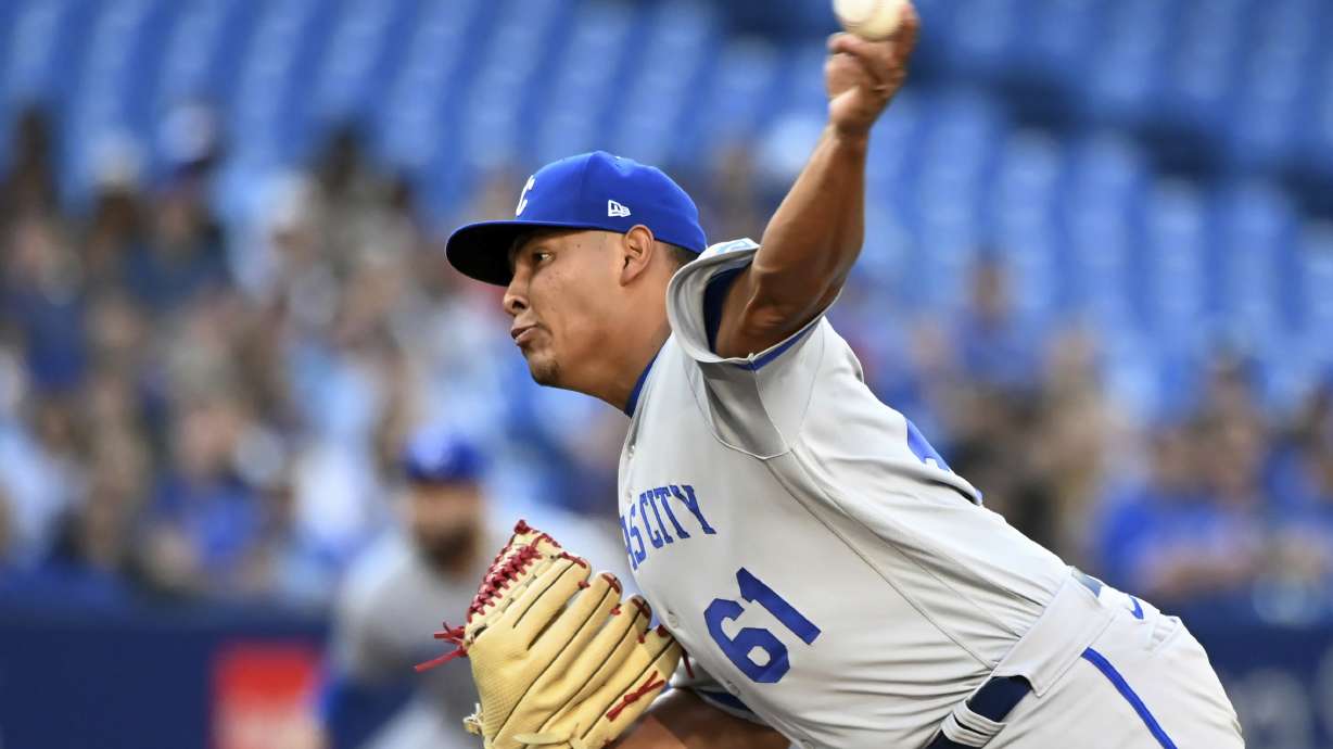 Kansas City Royals starting pitcher Angel Zerpa throws to a Toronto Blue Jays batter during the first inning of a baseball game Thursday, July 14, 2022, in Toronto.