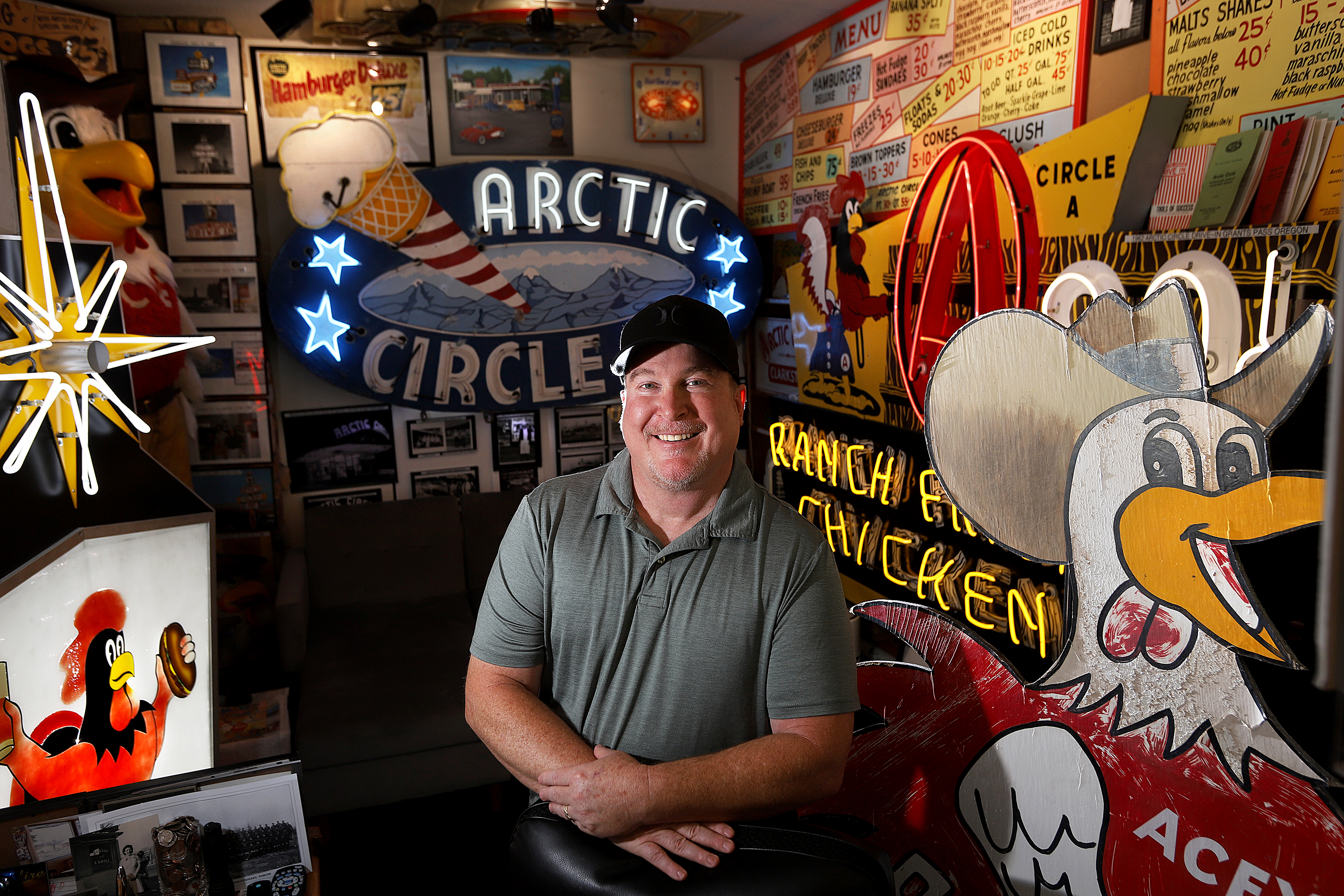 Rick Edwards, 58, stands amid his large collection of Arctic Circle restaurant memorabilia inside his Orange, Calif., home on Wednesday, June 22. Edwards maintains that fry sauce, a popular Utah condiment, was developed at Peay's Arctic Circle in Provo in 1955 or 1956.