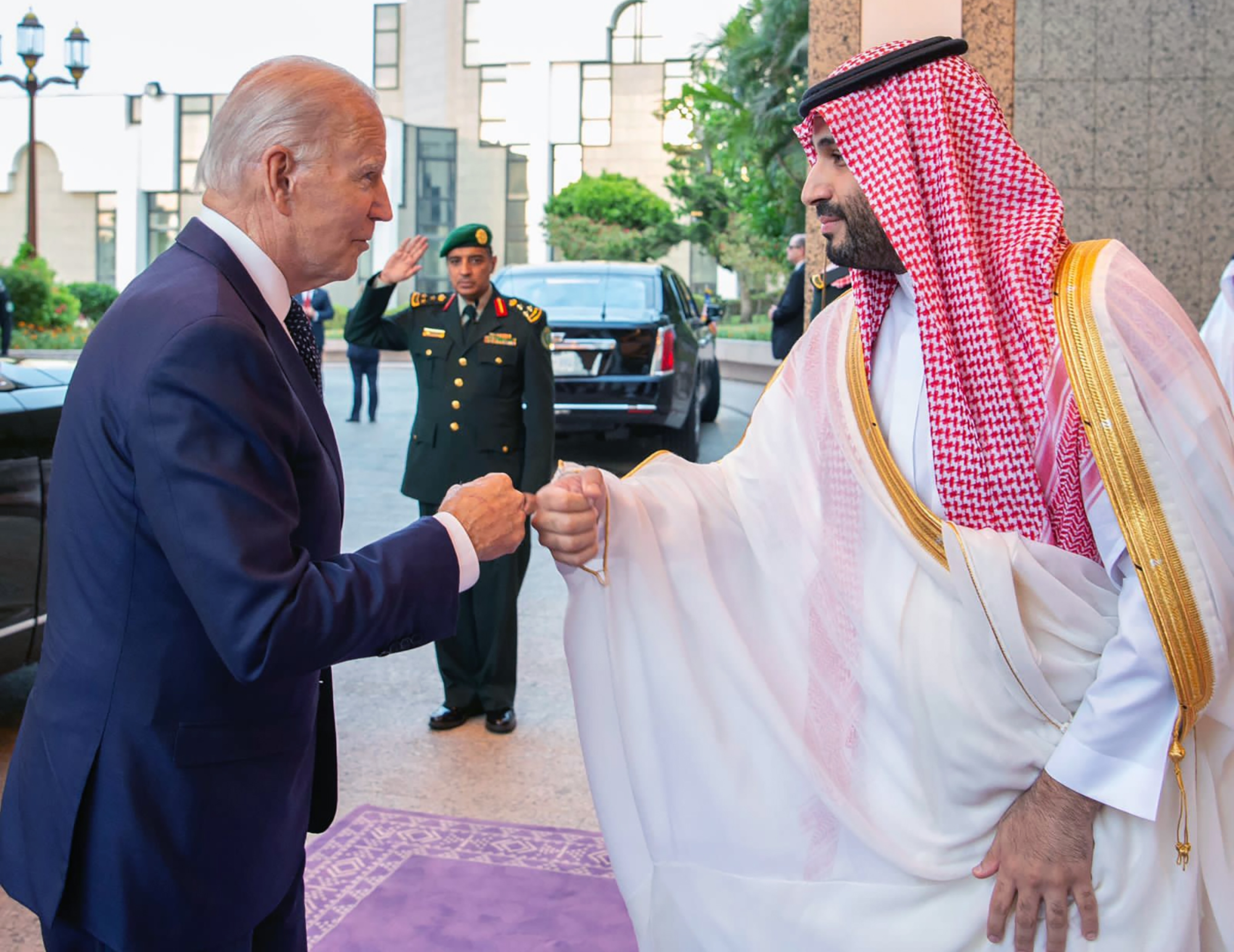 Saudi Crown Prince Mohammed bin Salman, right, greets U.S. President Joe Biden, with a fist bump after his arrival in Jeddah, Saudi Arabia, Friday.