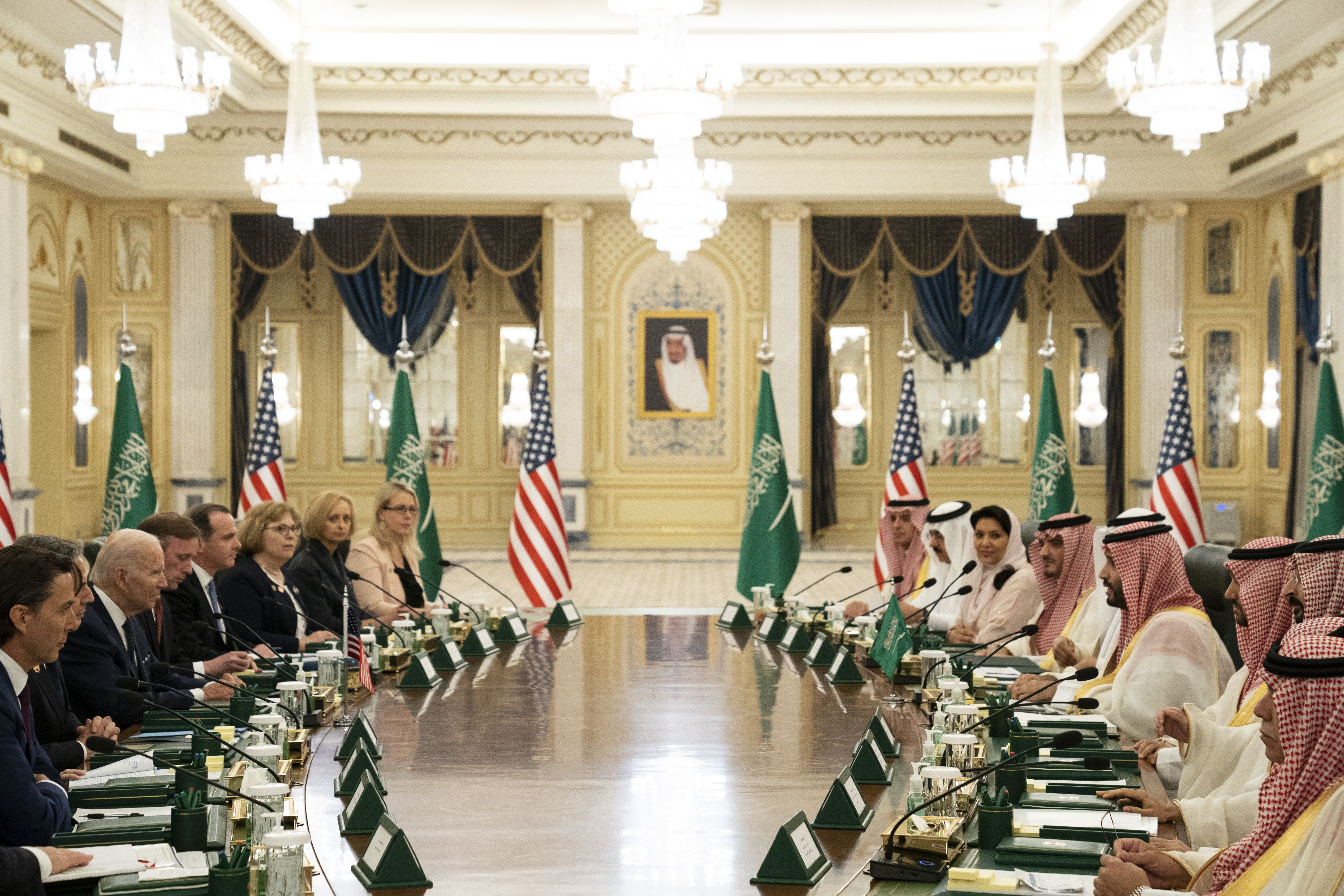 President Joe Biden participates in a working session with Saudi Crown Prince Mohammed bin Salman at the Al Salman Royal Palace, Friday, in Jeddah.