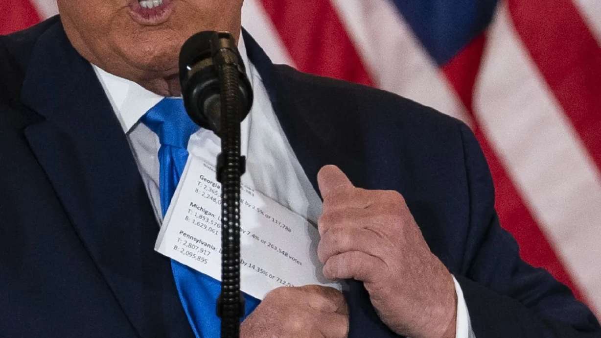 President Donald Trump speaks at an election night party in the East Room of the White House in Washington on Nov. 4, 2020.