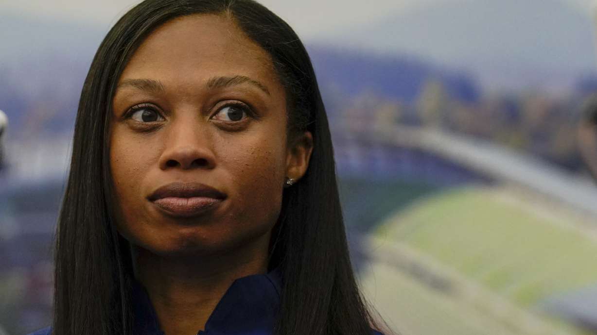 Allyson Felix, of the United States speaks during a news conference before the World Athletics Championships Thursday, July 14, 2022, in Eugene, Ore.