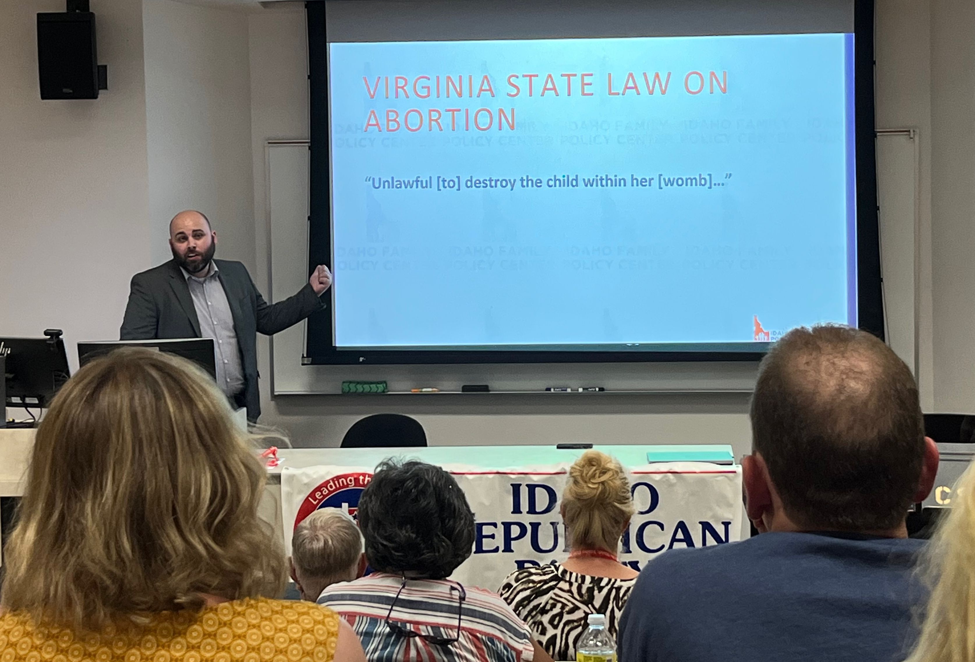 Idaho Family Policy Center President Blaine Conzatti speaks to Idaho Republican Party convention attendees about promoting Christianity in state government on Thursday.