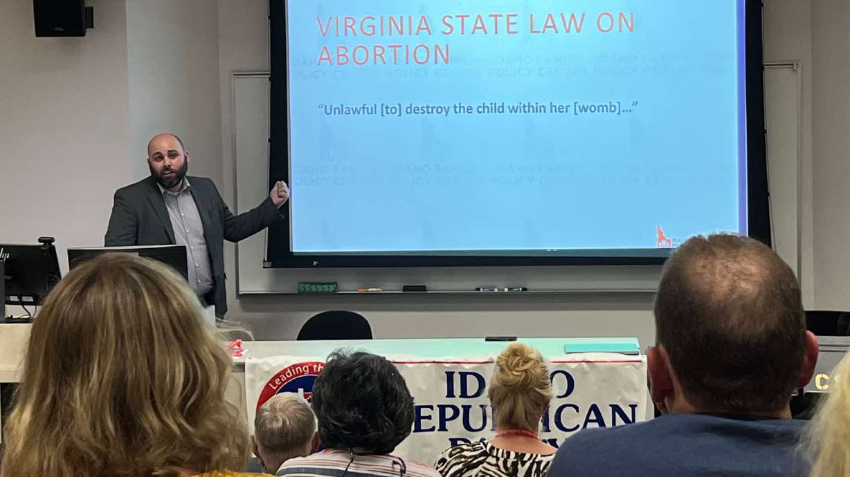 Idaho Family Policy Center President Blaine Conzatti speaks to Idaho Republican Party convention attendees about promoting Christianity in state government on Thursday.