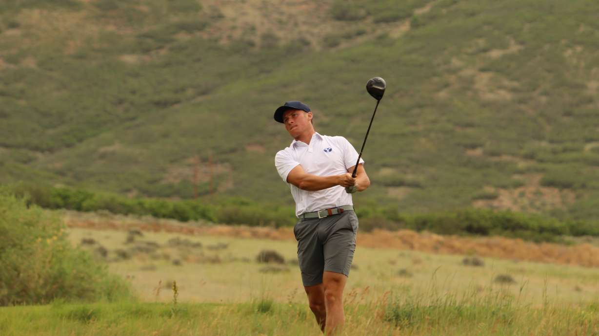BYU sophomore Zac Jones tees off at Soldier Hollow during the quarterfinals of the 124th Utah state amateur championship, Friday, July 15, 2022 in Midway.