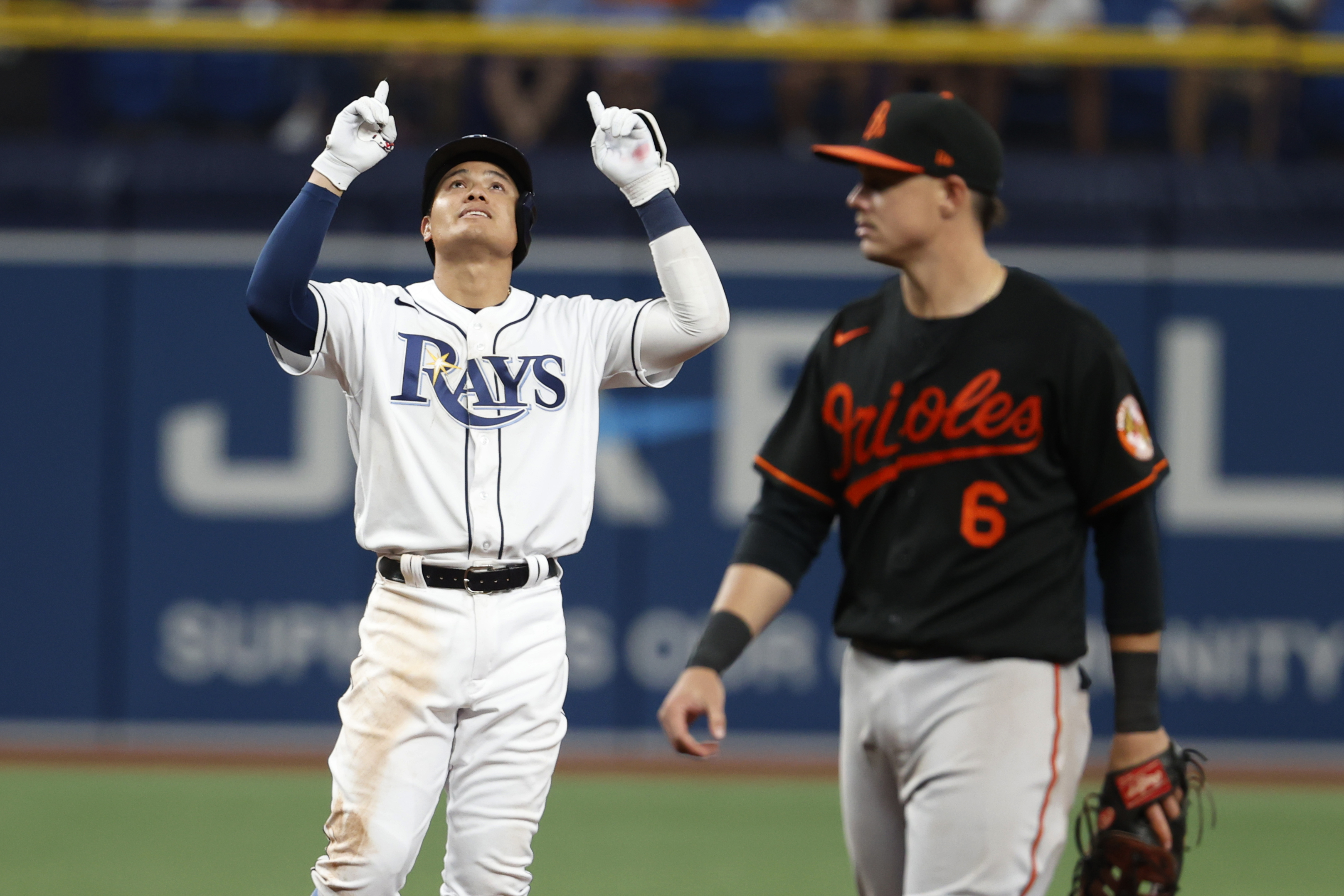 Tampa Bay Rays' Yu Chang gestures after hitting an RBI double against the Baltimore Orioles during the sixth inning of a baseball game Friday, July 15, 2022, in St. Petersburg, Fla. 