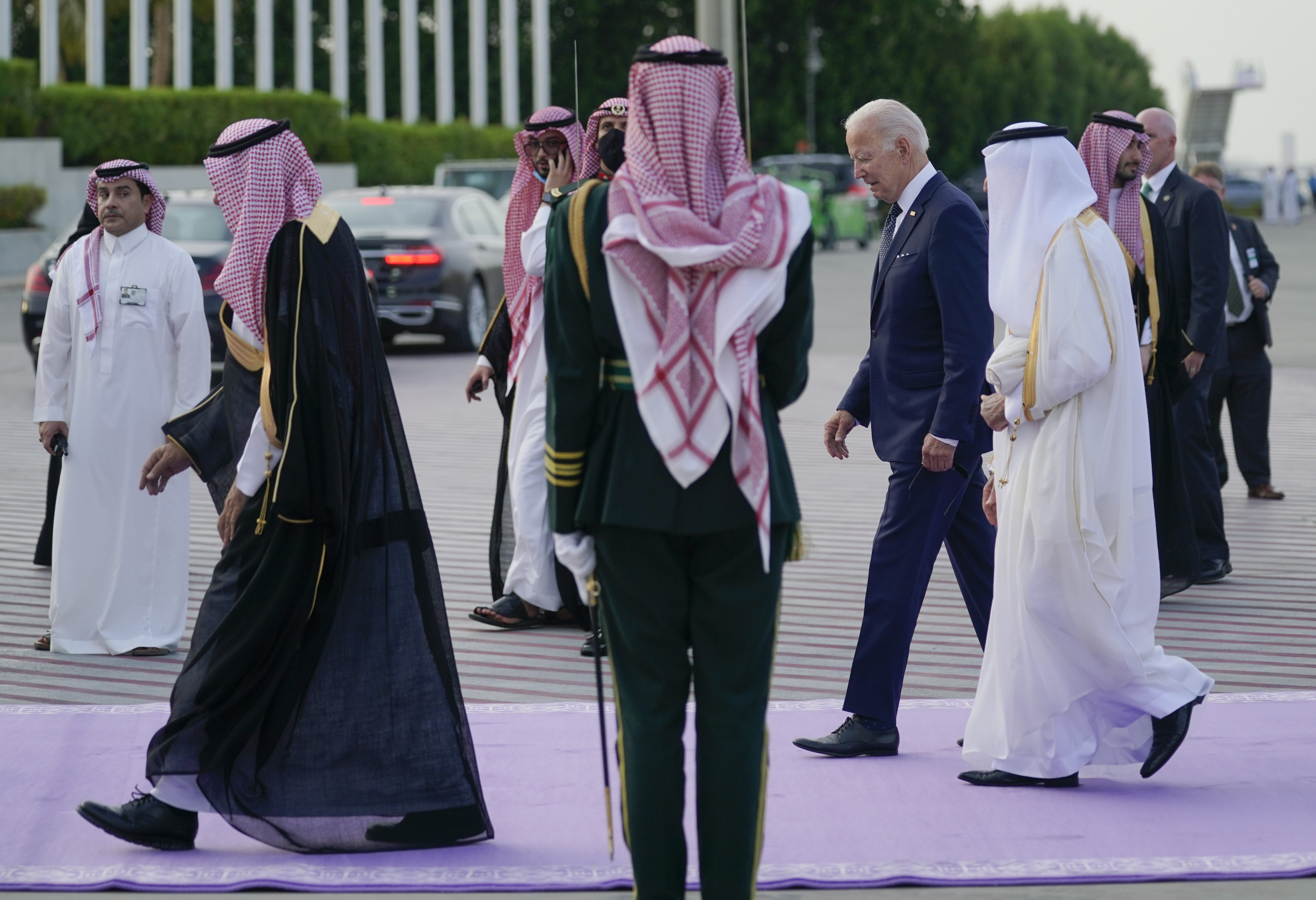 President Joe Biden arrives at King Abdulaziz International Airport, Friday, July 15, 2022, in Jeddah, Saudi Arabia.