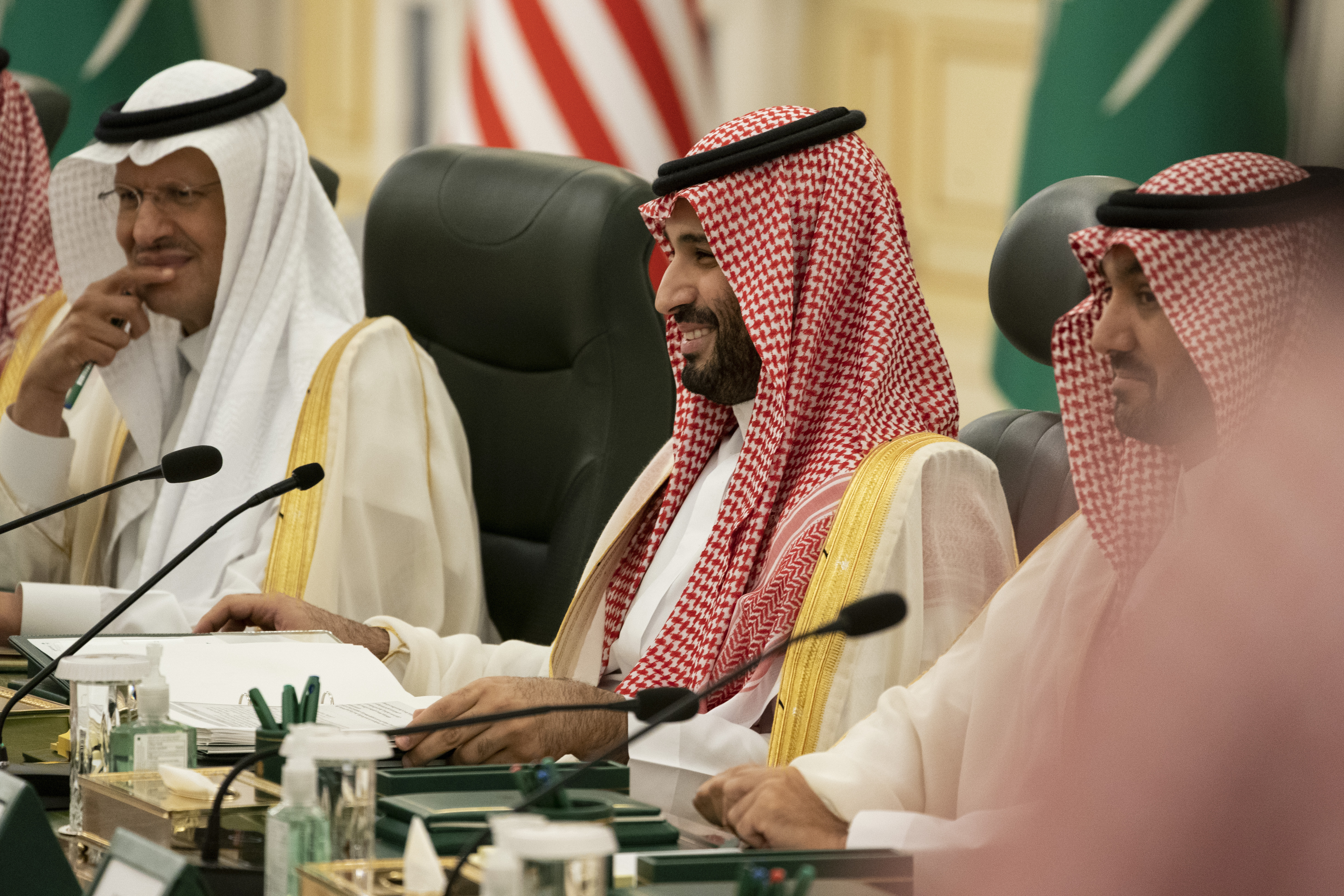 Saudi Crown Prince Mohammed bin Salman smiles as he meets with President Joe Biden at the Al Salman Royal Palace, Friday in Jeddah.