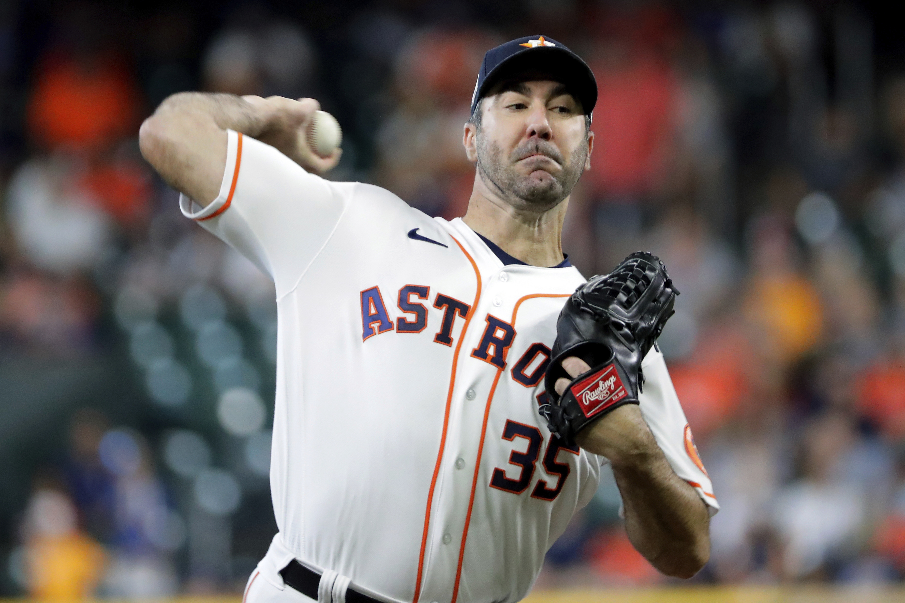 Houston Astros starting pitcher Justin Verlander (35) throws against the Kansas City Royals during the first inning of a baseball game Thursday, July 7, 2022, in Houston. 