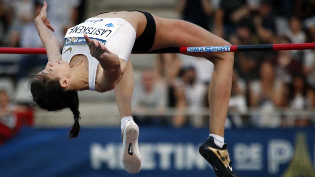 FILE - Russian athlete Maria Lasitskene competes in the women's high jump at the IAAF Diamond League athletics meeting at Charlety Stadium in Paris on June 30, 2018. Lasitskene is not allowed to compete at the world championships taking place in Eugene, Ore.
