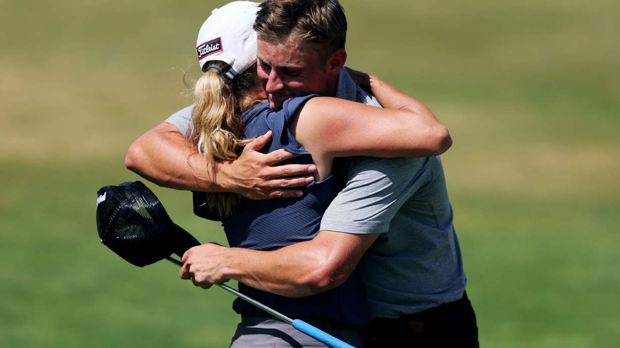 Angie Jones hugs her son Zac Jones after he defeated Simon Kwon for the 124th Utah State Amateur Championship at Soldier Hollow Golf Course in Midway on Saturday, July 16, 2022. Jones won 4 and 3.