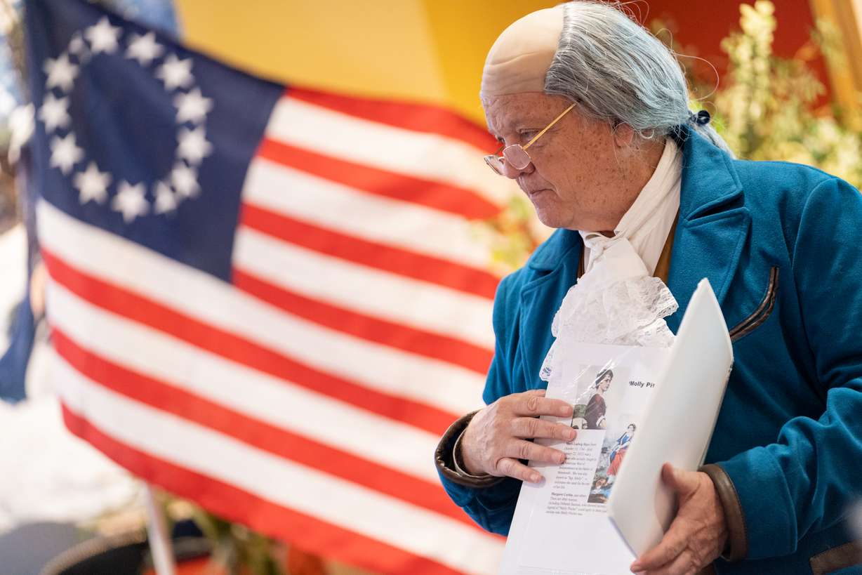 Gregory C. Duerden, of the Independent American Party, presents as Benjamin Franklin during the “Cries of Freedom” event in the SECRA Center of the Arts in Provo on July 4.