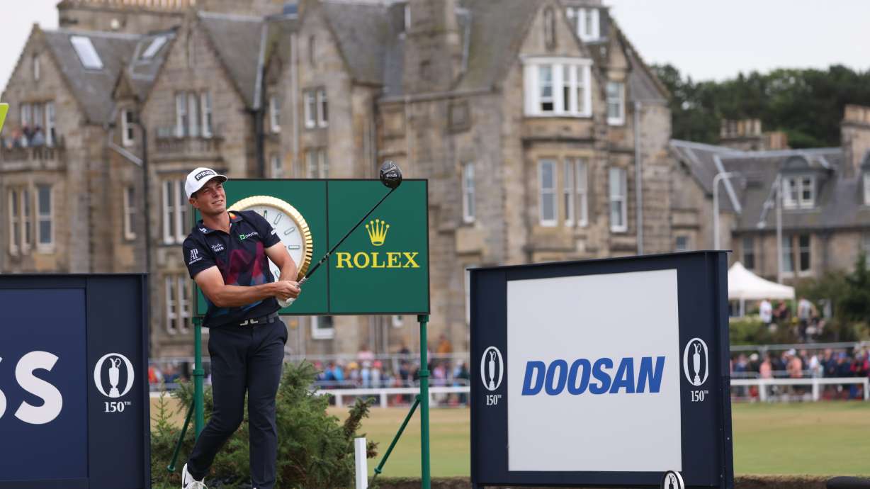 Viktor Hovland, of Norway, plays from the 2nd tee during the final round of the British Open golf championship on the Old Course at St. Andrews, Scotland, Sunday July 17, 2022.