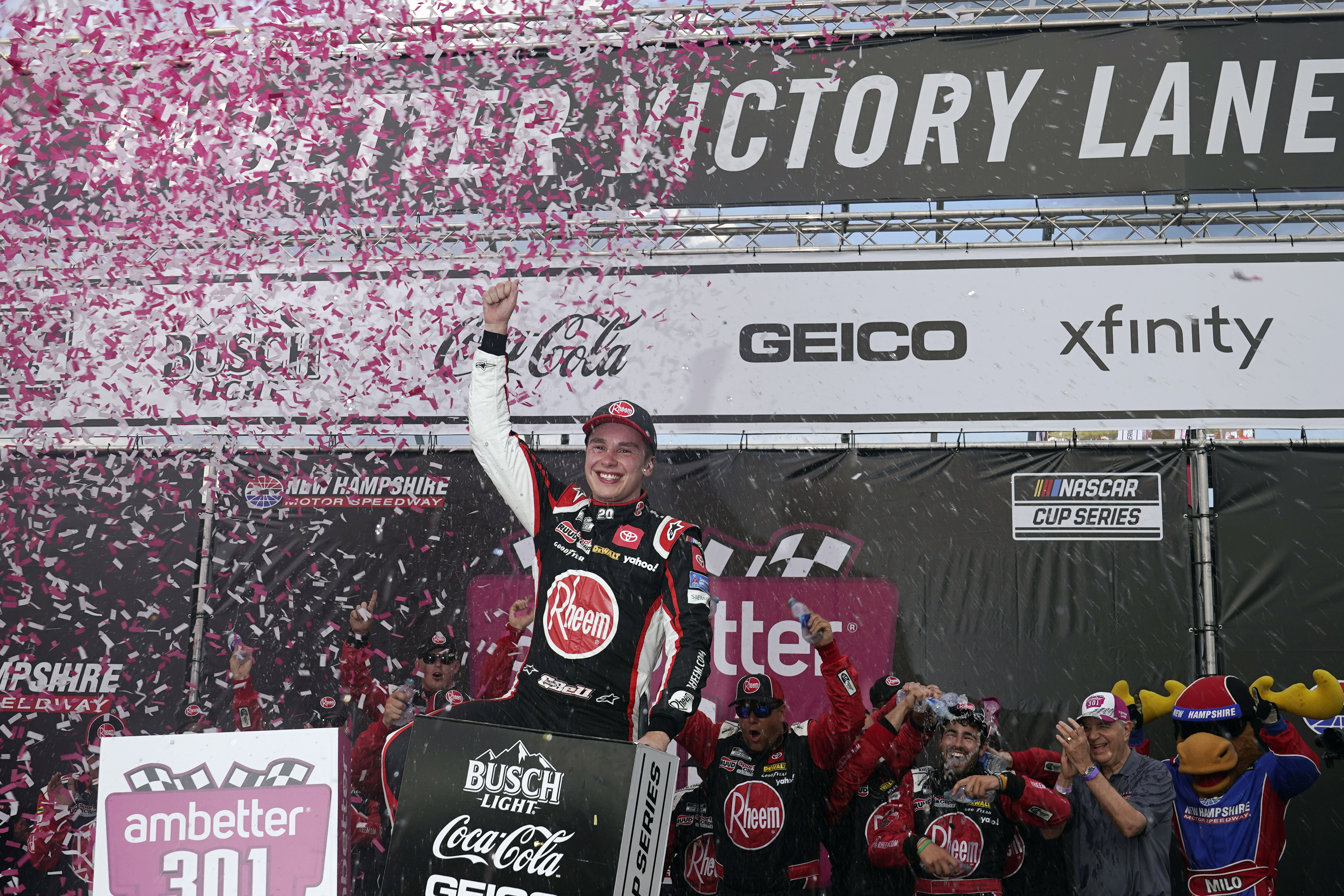 Christopher Bell celebrates after winning a NASCAR Cup Series auto race at the New Hampshire Motor Speedway, Sunday, July 17, 2022, in Loudon, N.H. 