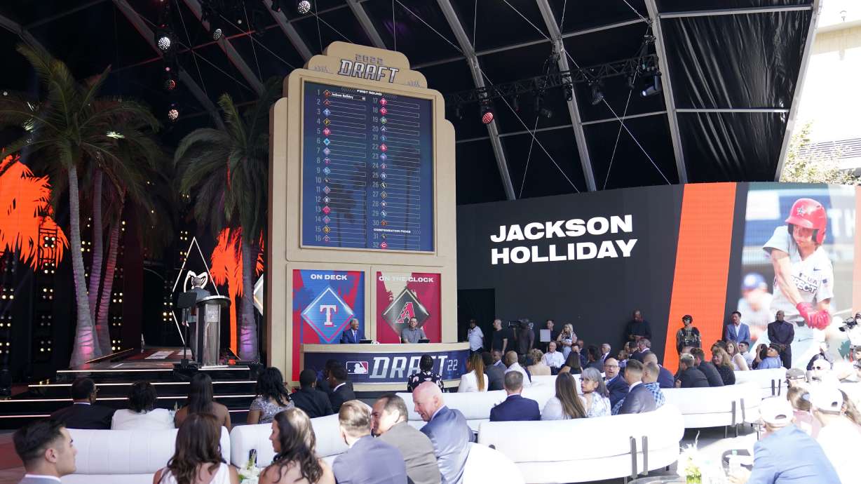 Jackson Holliday is announced as the first pick of the 2022 MLB baseball draft, by the Baltimore Orioles, Sunday, July 17, 2022, in Los Angeles.