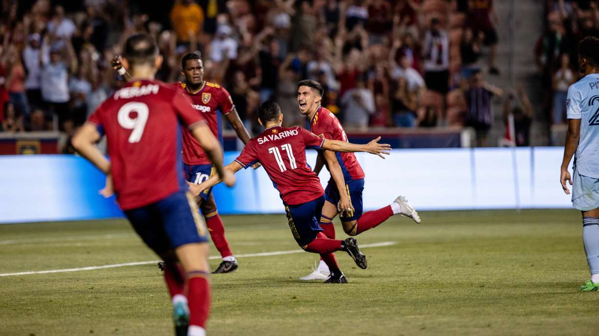 Pablo Ruiz, right, celebrates a goal with his teammates to put RSL up 2-0 at home against Sporting Kansas City.