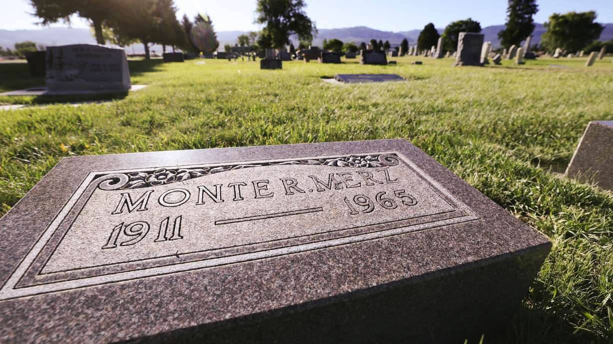 The headstone of Monte R. Merz is pictured in the cemetery in Mt. Pleasant, Sanpete County, on July 8. Los Angeles police detective Rachel Evans recently determined Merz killed Barbara Jepson and her unborn child in 1956 in a brutal stabbing in her home in California.