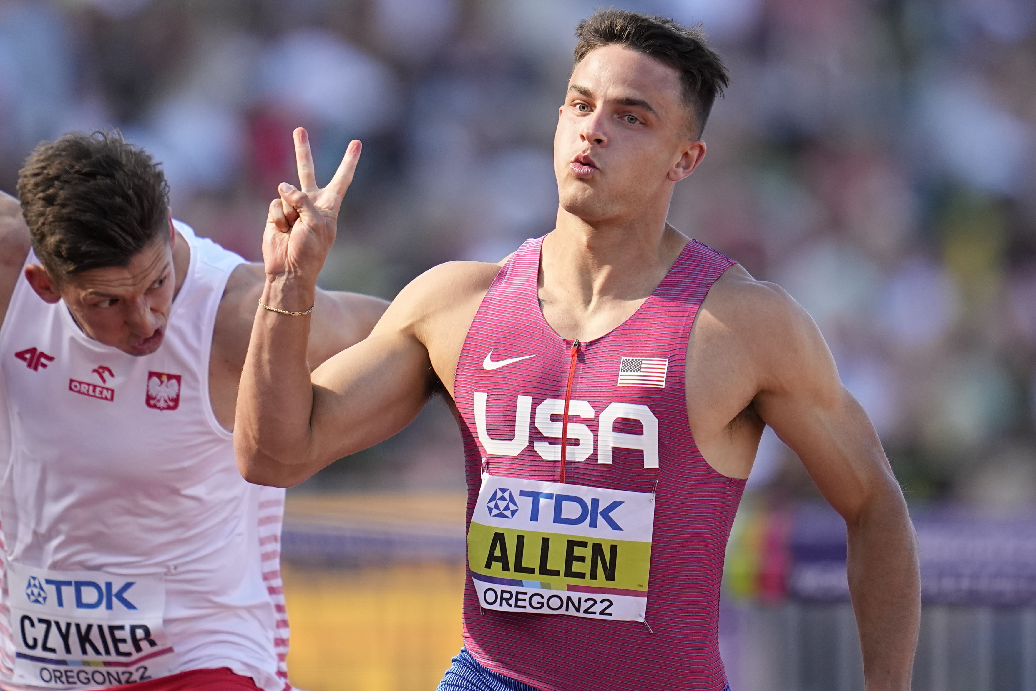 Devon Allen, of the United States, competes in a semi-final heat in the men's 110-meter hurdles at the World Athletics Championships on Sunday, July 17, 2022, in Eugene, Ore. 
