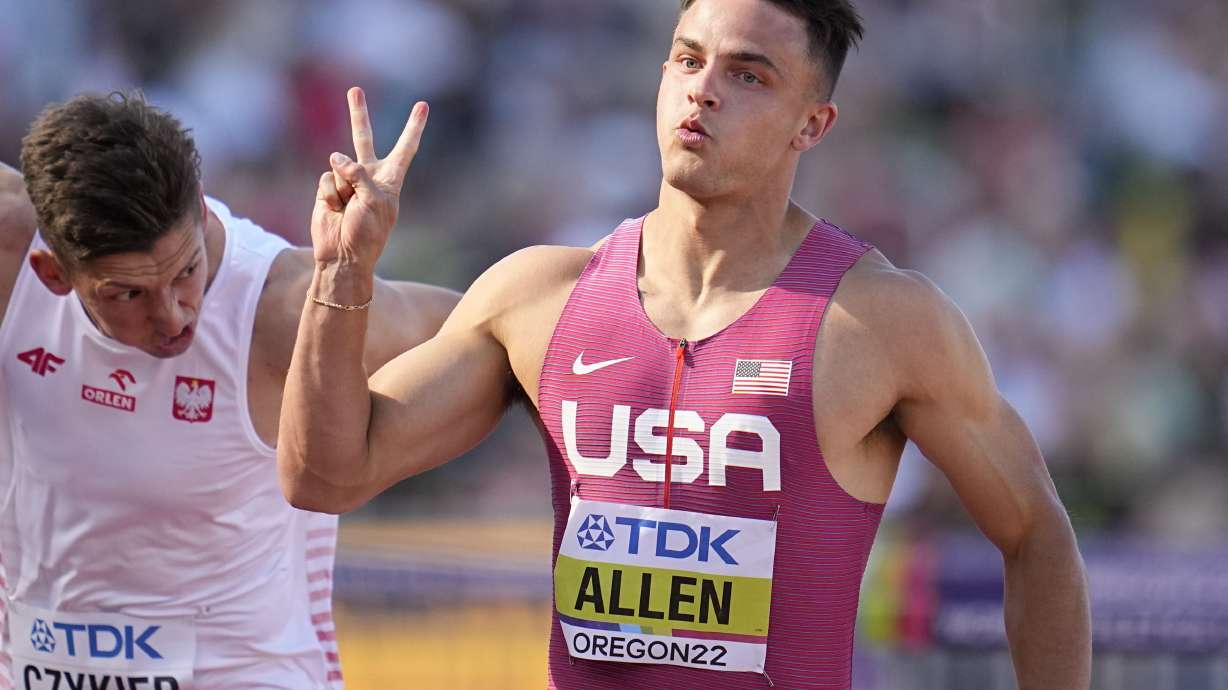 Devon Allen, of the United States, competes in a semi-final heat in the men's 110-meter hurdles at the World Athletics Championships on Sunday, July 17, 2022, in Eugene, Ore.