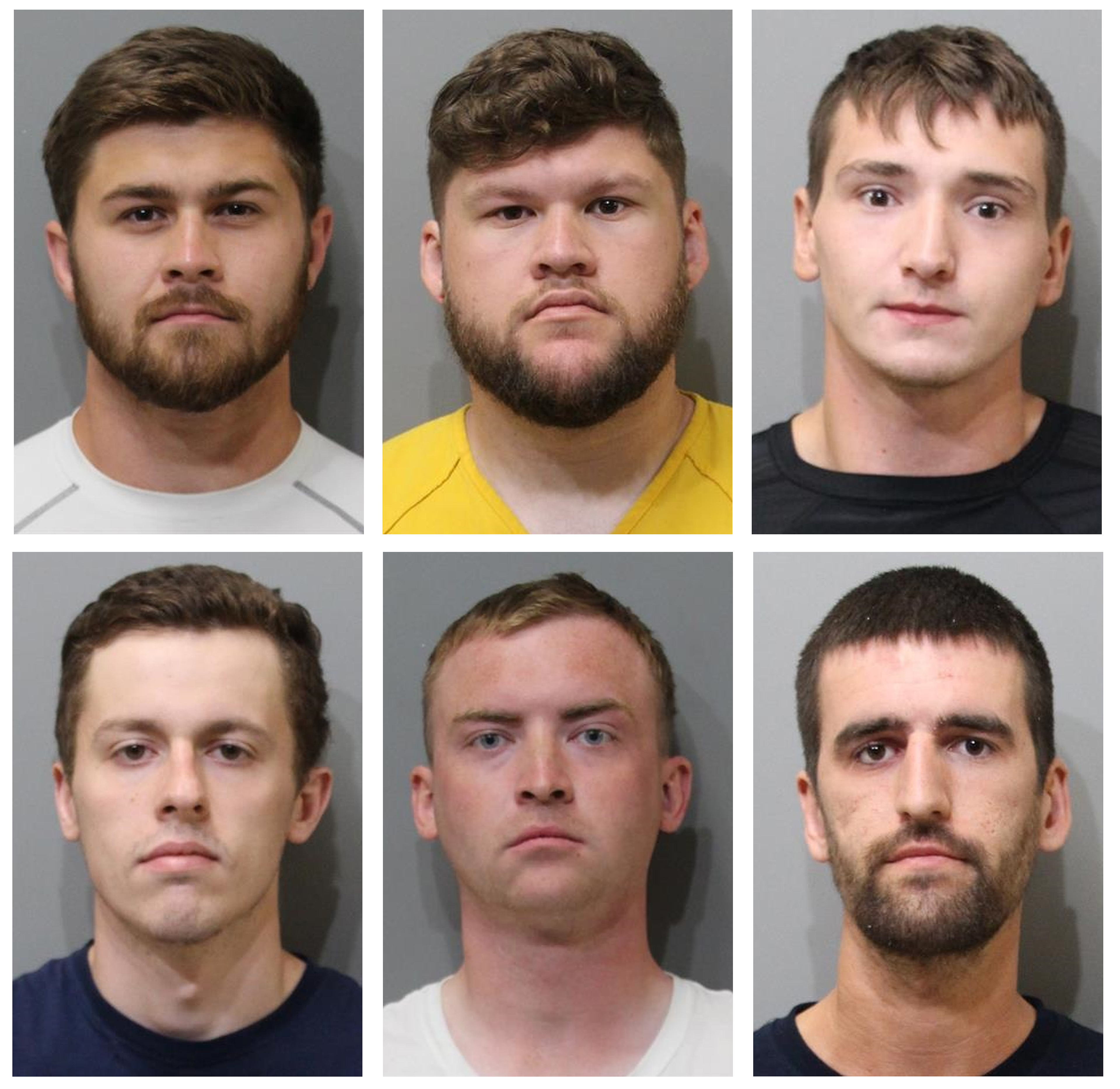 This combo of booking image provided by the Kootenai County Sheriff's Office shows, top row from left, Josiah Buster, his brother Mishael Buster, and Connor Moran, all of Watauga, Texas; bottom row, from left, Derek Smith of Sioux Falls, S.D; Dakota Tabler of West Valley City, Utah; and Justin O'Leary, of Des Moines, Wash.