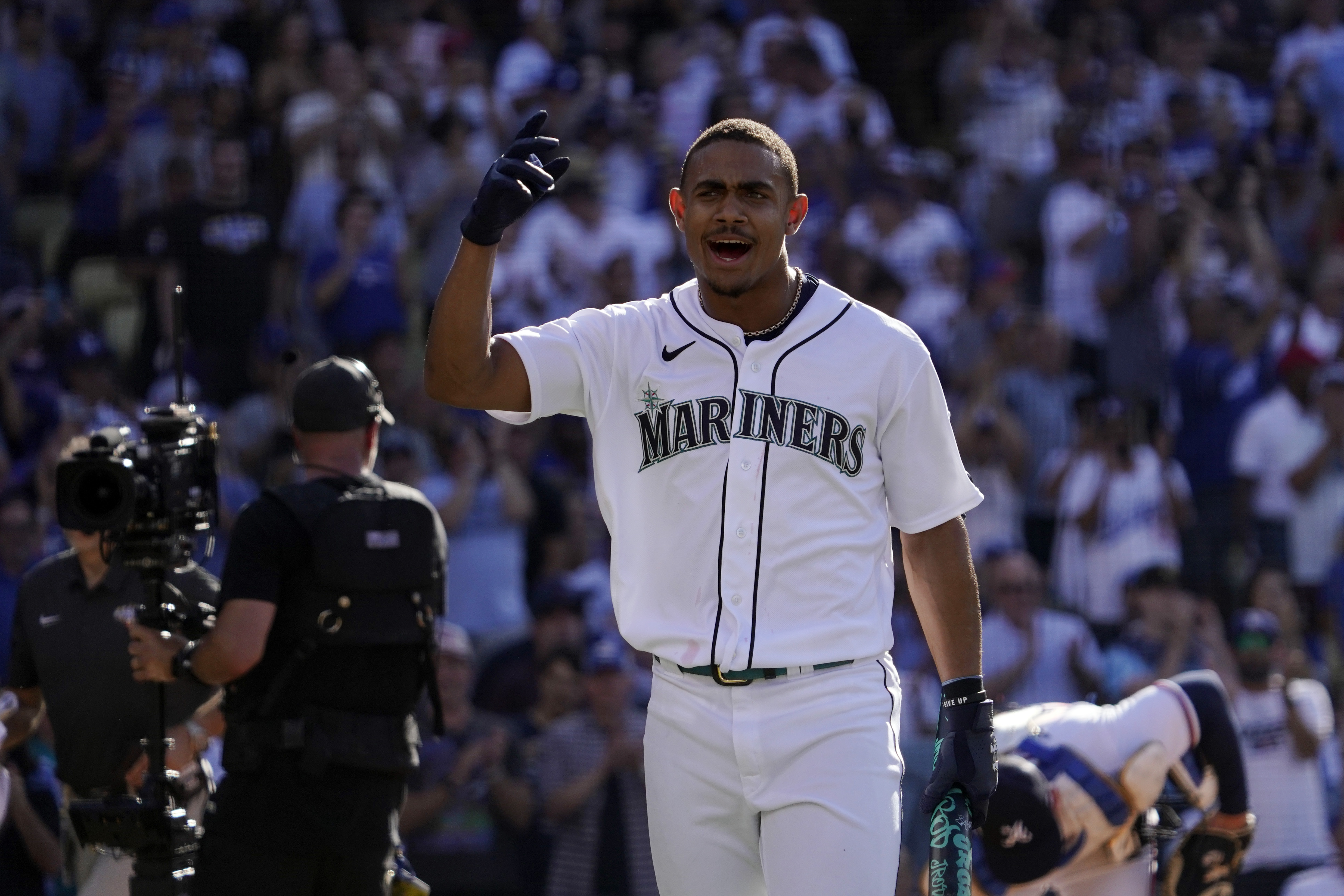 American League's Julio Rodriguez, of the Seattle Mariners, reacts during the MLB All-Star baseball Home Run Derby, Monday, July 18, 2022, in Los Angeles. 