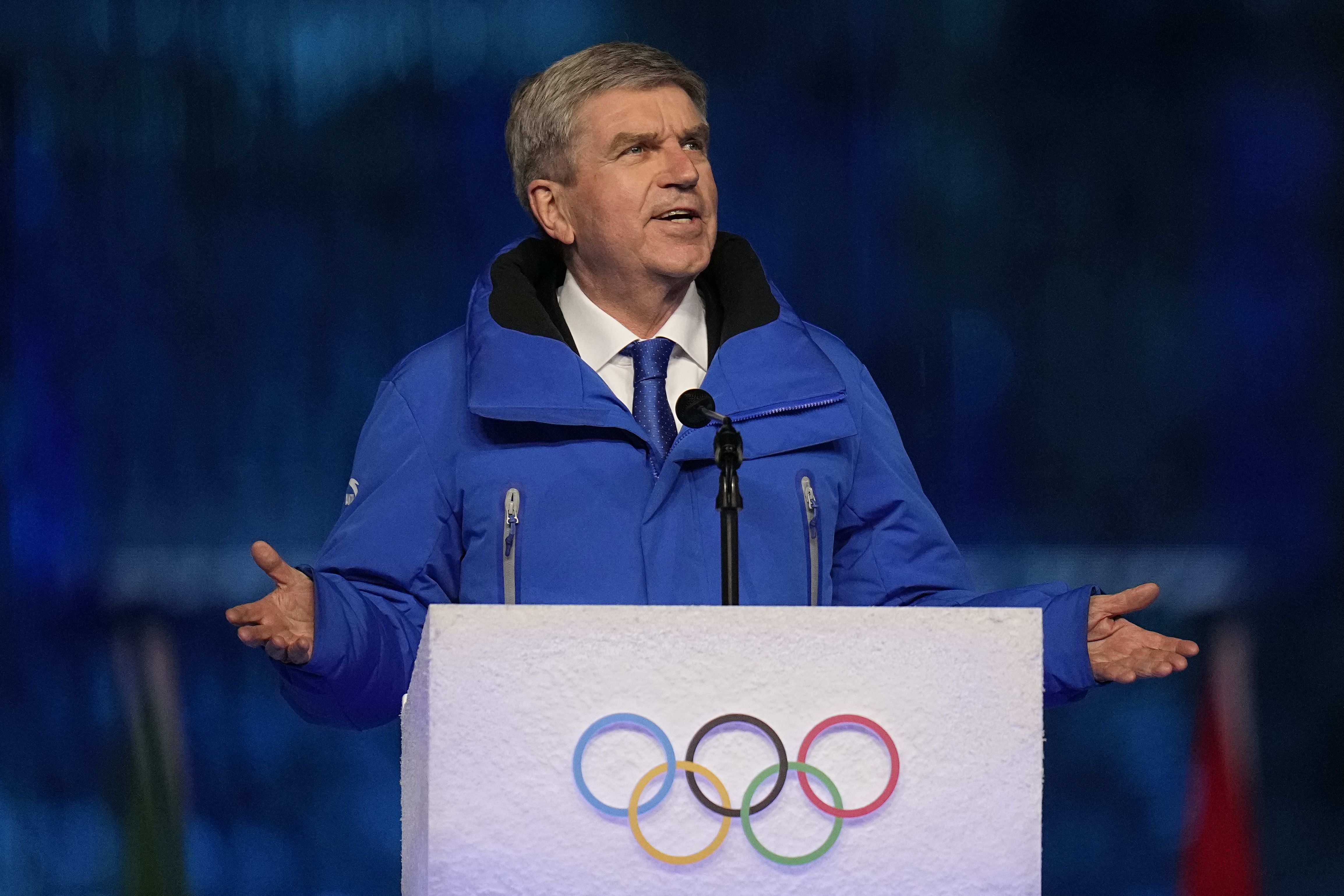 International Olympic Committee President Thomas Bach gestures during his speech at the closing ceremony of the 2022 Winter Olympics in Beijing on Feb. 20.