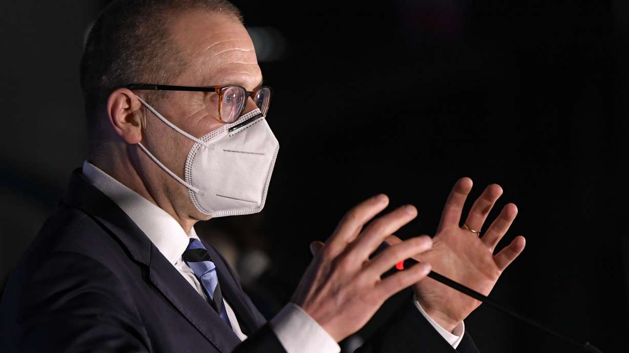 World Health Organization Director for Europe Hans Kluge speaks during a press conference at a vaccination center in Bucharest, Romania, April 7, 2021. The World Health Organization said Tuesday that coronavirus cases have tripled across Europe in the past six weeks, accounting for nearly half of all infections globally.