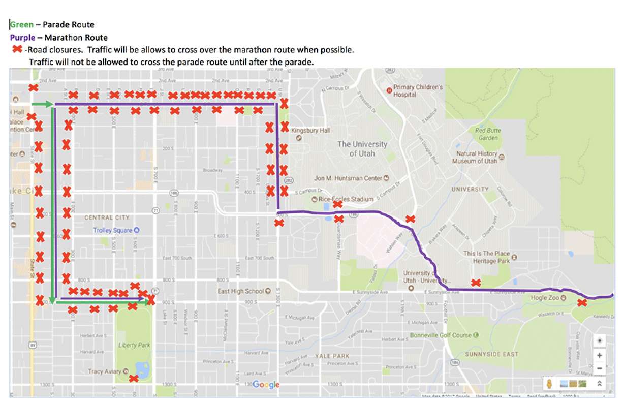 A map of the Days of '47 marathon and parade routes Saturday morning.