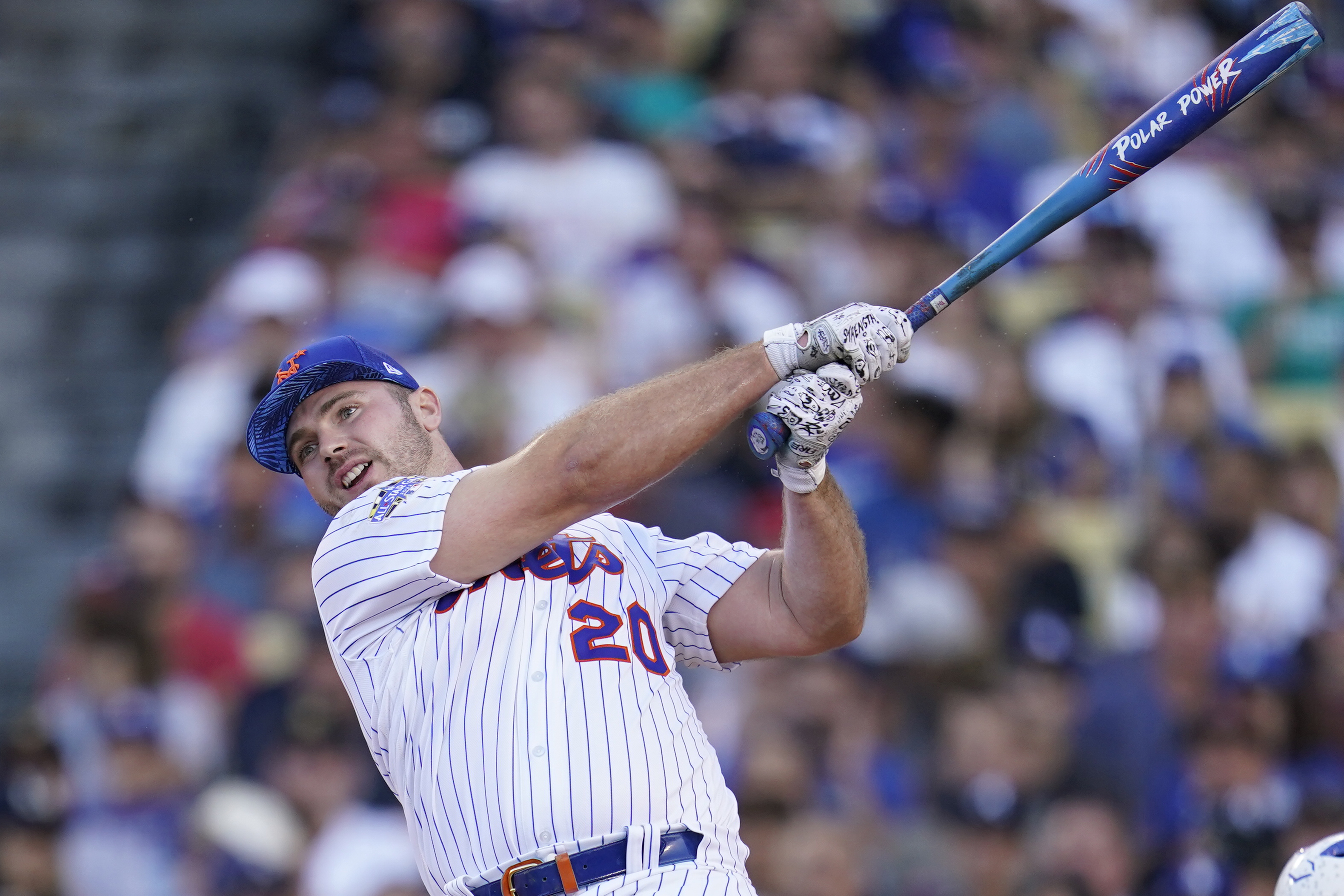 National League's Pete Alonso, of the New York Mets, bats during the MLB All-Star baseball Home Run Derby, Monday, July 18, 2022, in Los Angeles. 