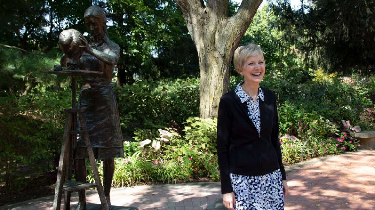 Relief Society General President Jean B. Bingham smiles in the Monument to Women garden in historic Nauvoo, Illinois, on Sept. 24, 2021. Bingham says it is an honor to represent all of the women who have made such wonderful contributions to their families or communities throughout the world.