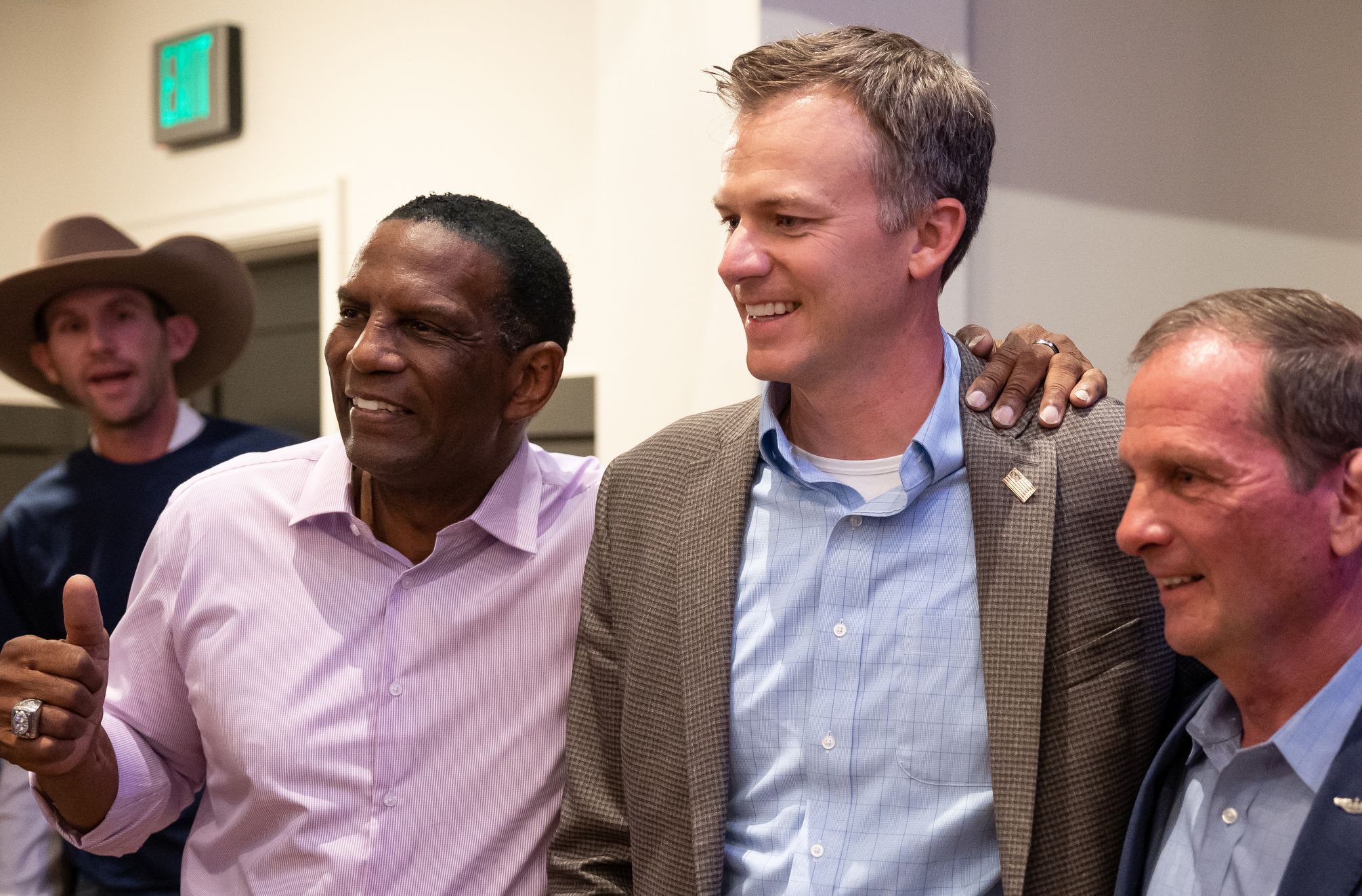 Rep. Burgess Owens, left, Rep. Blake Moore and Rep. Chris Stewart, all Utah Republicans, pose for photos at the Awaken Event Center in South Jordan after each won their primary race on June 28. Utah's four Republican congressmen joined all House Democrats in passing a bill Tuesday that would write same-sex marriage into law.