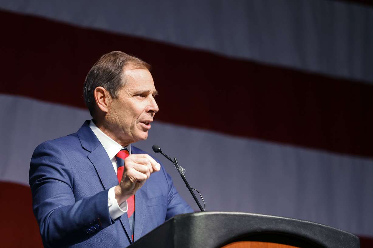 Rep. John Curtis speaks during the GOP Convention at the Mountain America Convention Center is Sandy, Utah, on April 23. Utah's four Republican congressmen joined all House Democrats in passing a bill Tuesday that would write same-sex marriage into law.